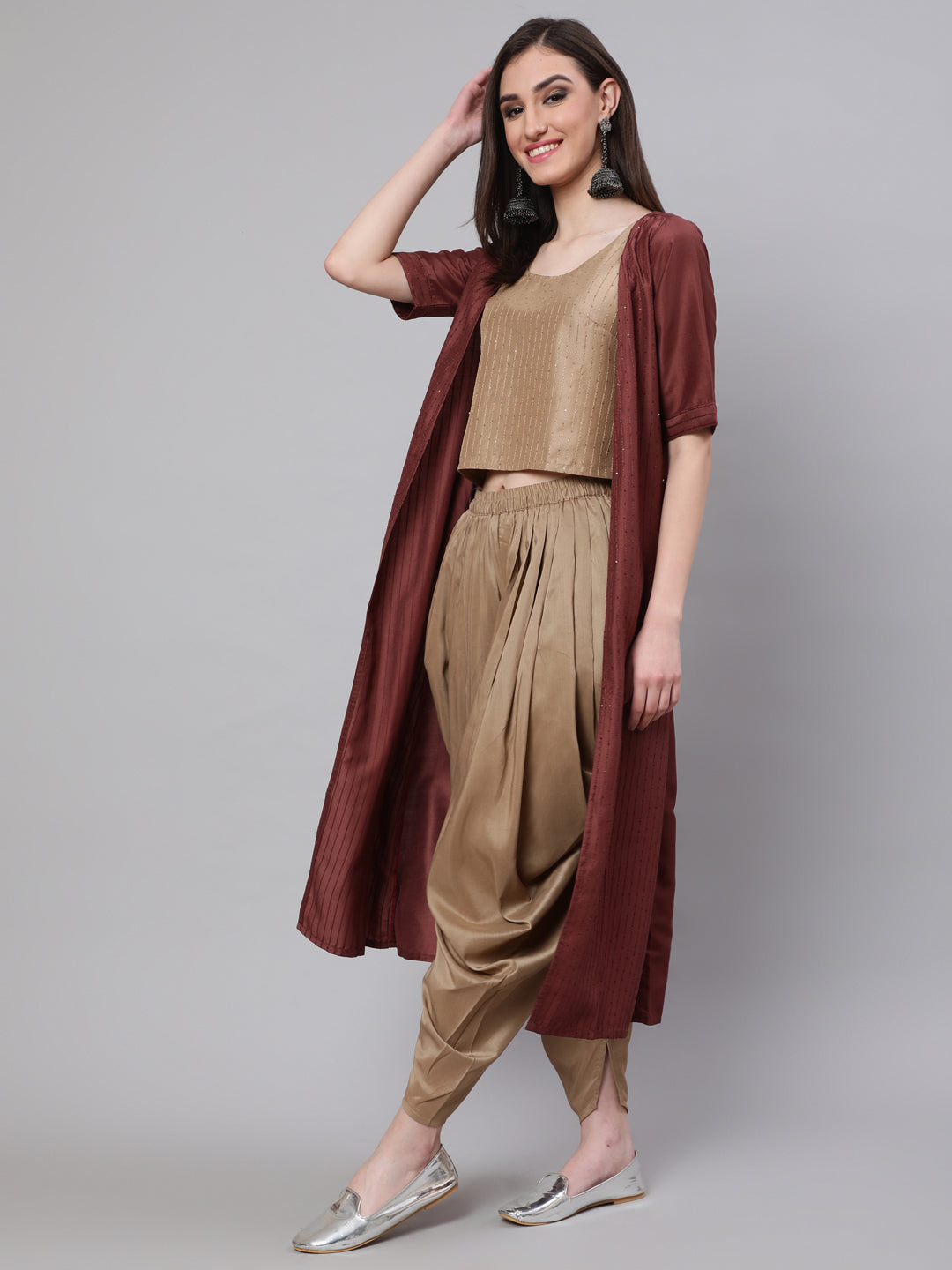 Women's Beige Sequined Dhoti Co Ord Set Pant With Jacket - Aks