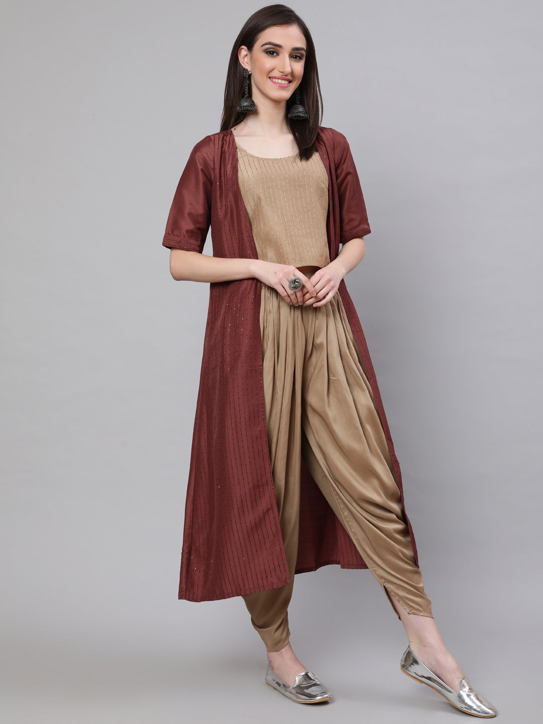 Women's Beige Sequined Dhoti Co Ord Set Pant With Jacket - Aks