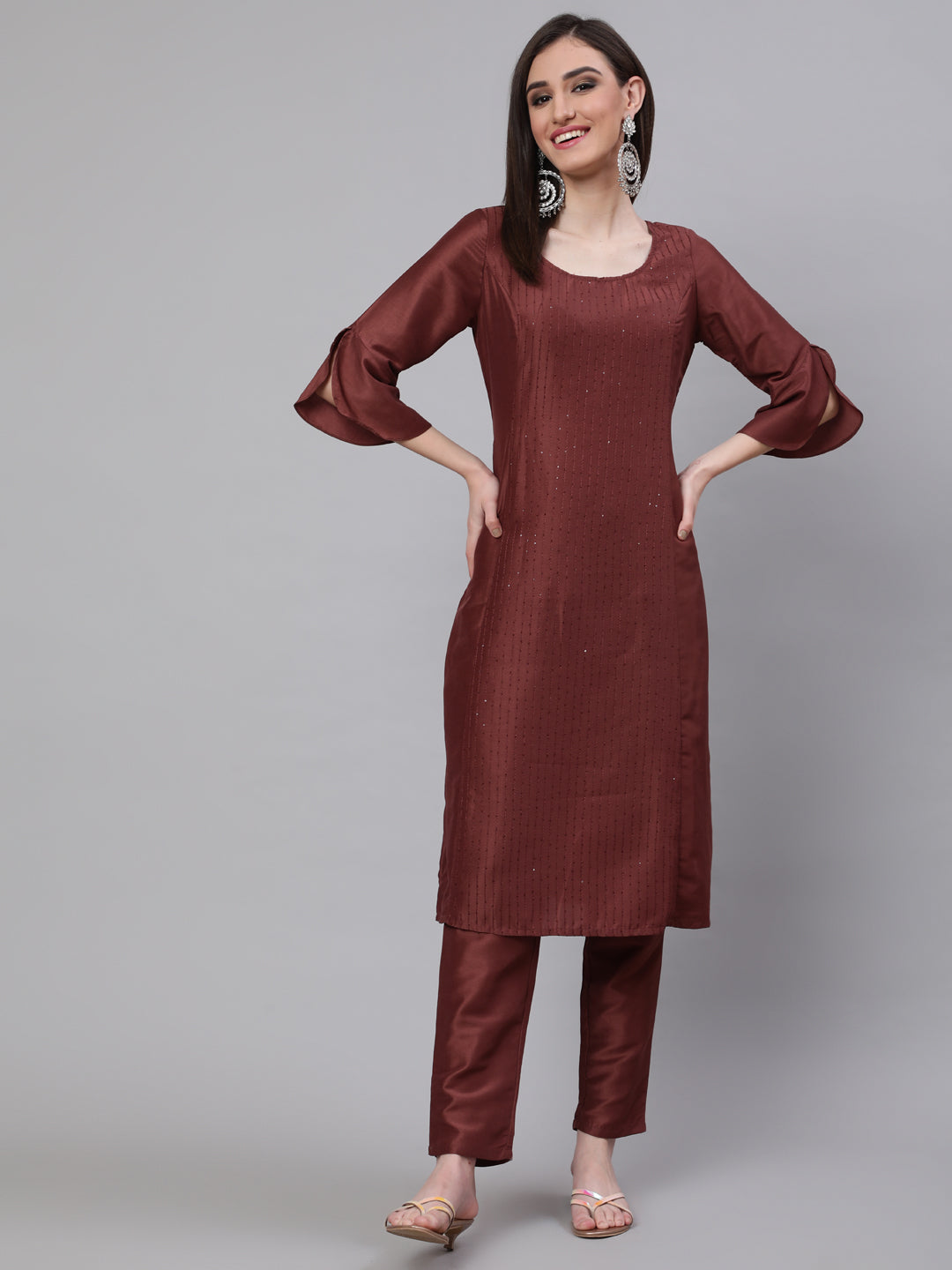 Women's Brown Sequin A-Line Kurta With Pant - Aks