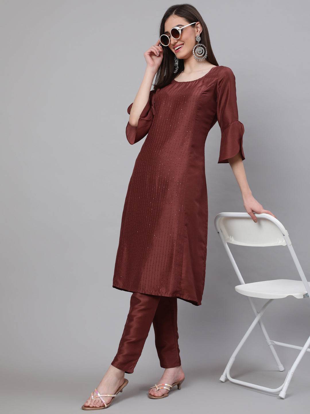 Women's Brown Sequin A-Line Kurta With Pant - Aks