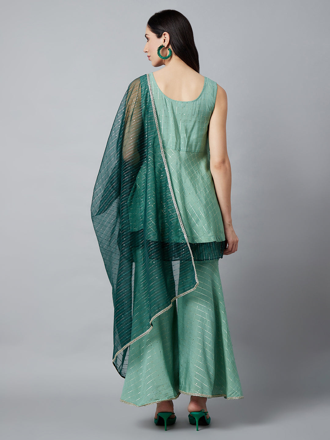 Women's Green Sequin Kurta Sharara With Dupatta - Aks