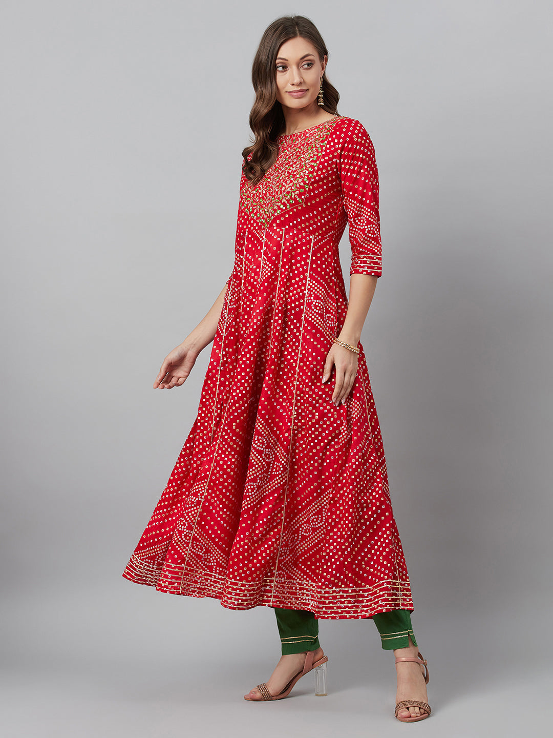 Women's Red Embroidered Anarkali Pant With Dupatta - Aks