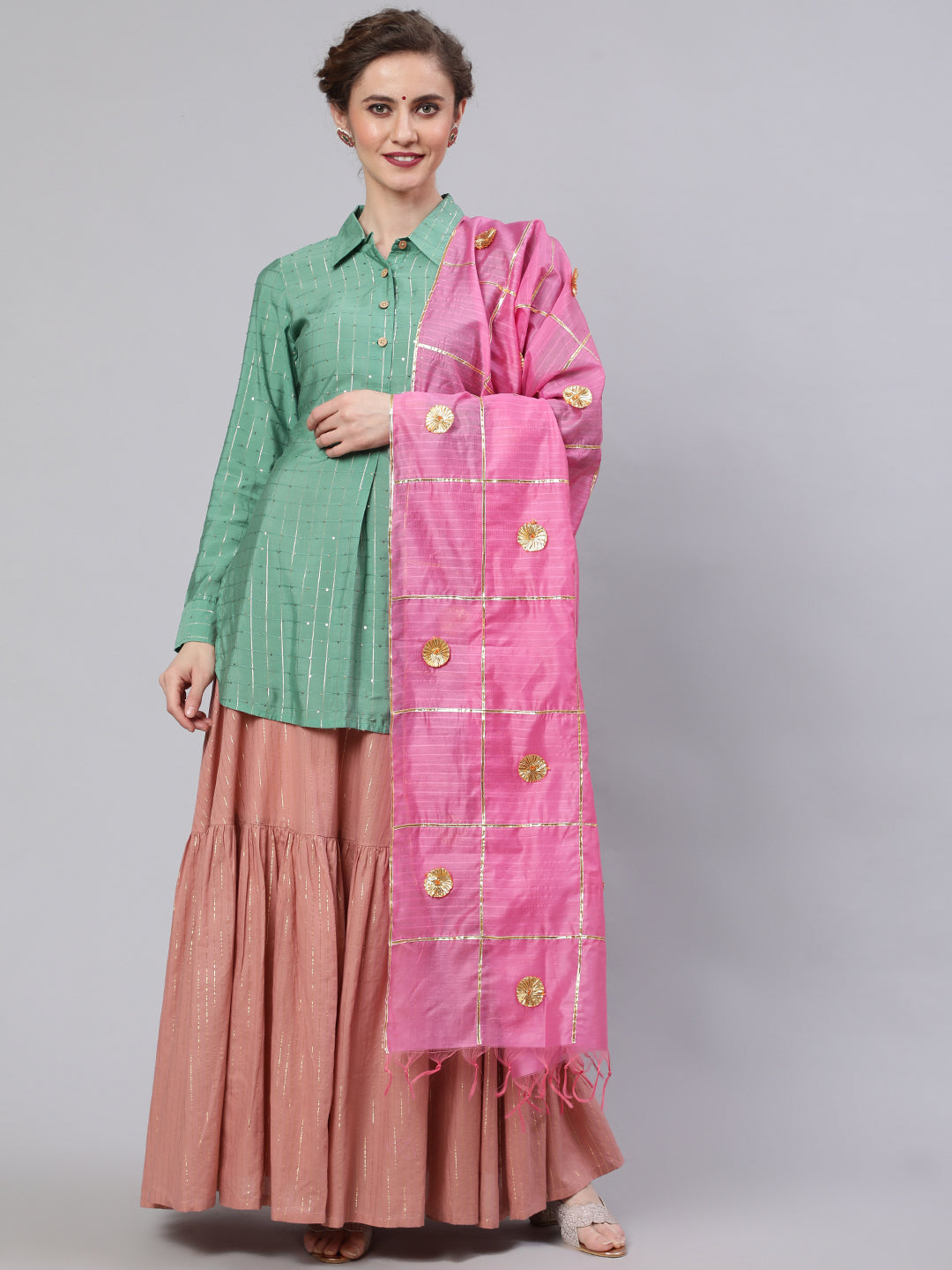 Women's Green & Pink Sequin Lehenga Choli With Dupatta - Aks
