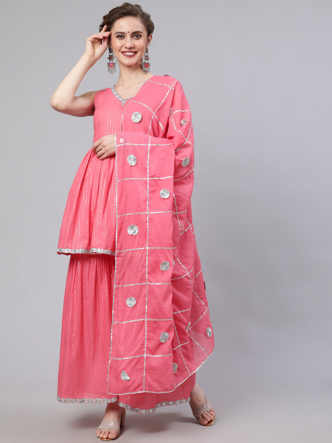 Women's Pink Sequin Kurta Sharara With Dupatta - Aks