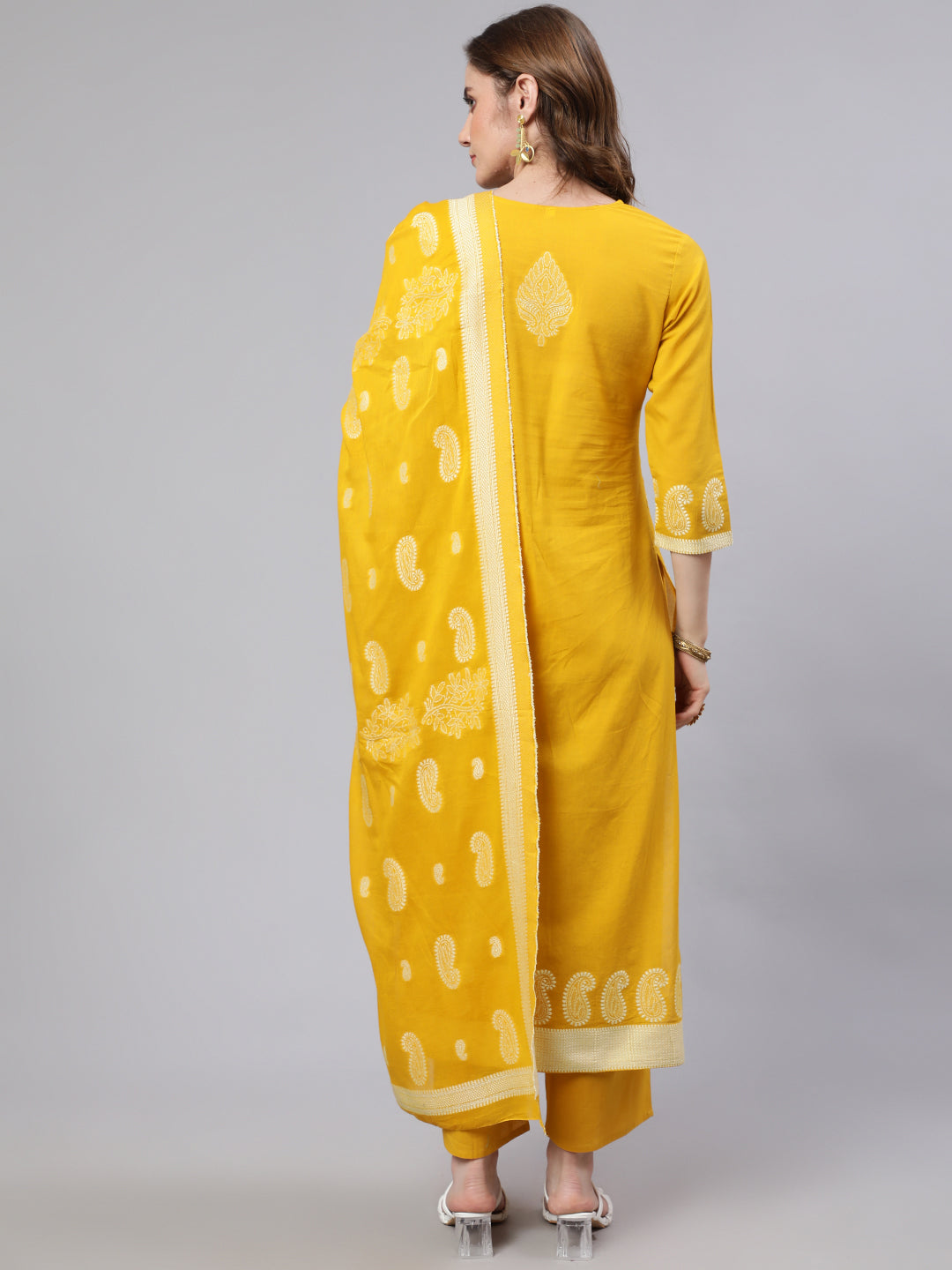 Women's Yellow Cotton Jacquard Kurta Set With Dupatta - Aks