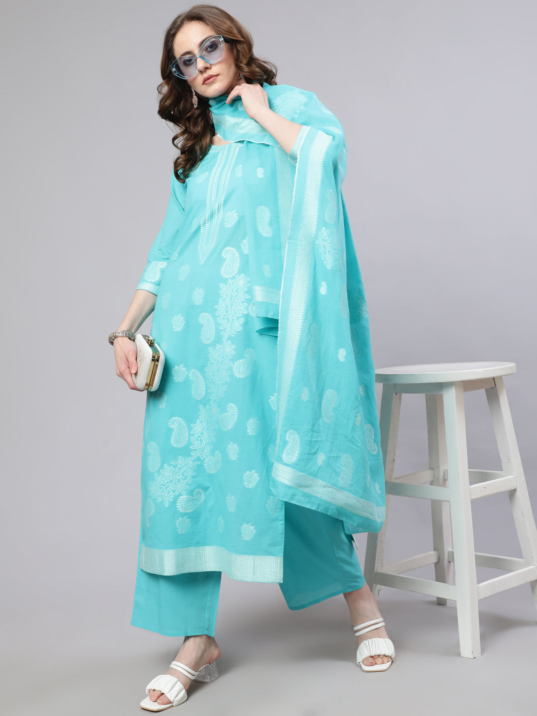 Women's Turquoise Blue Cotton Jacquard Kurta Set With Dupatta - Aks