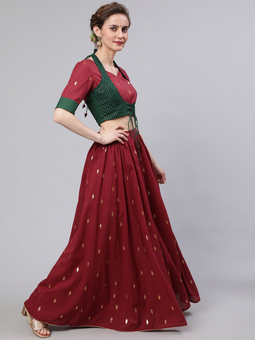 Women's Maroon Woven Designed Lehenga Choli With Dupatta - Aks