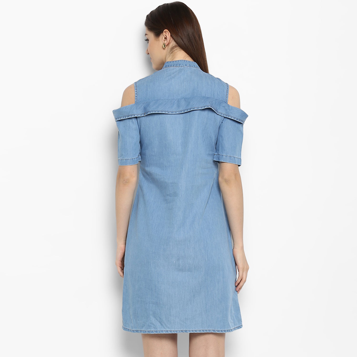 Women's Denim Cold Shoulder Dress - StyleStone