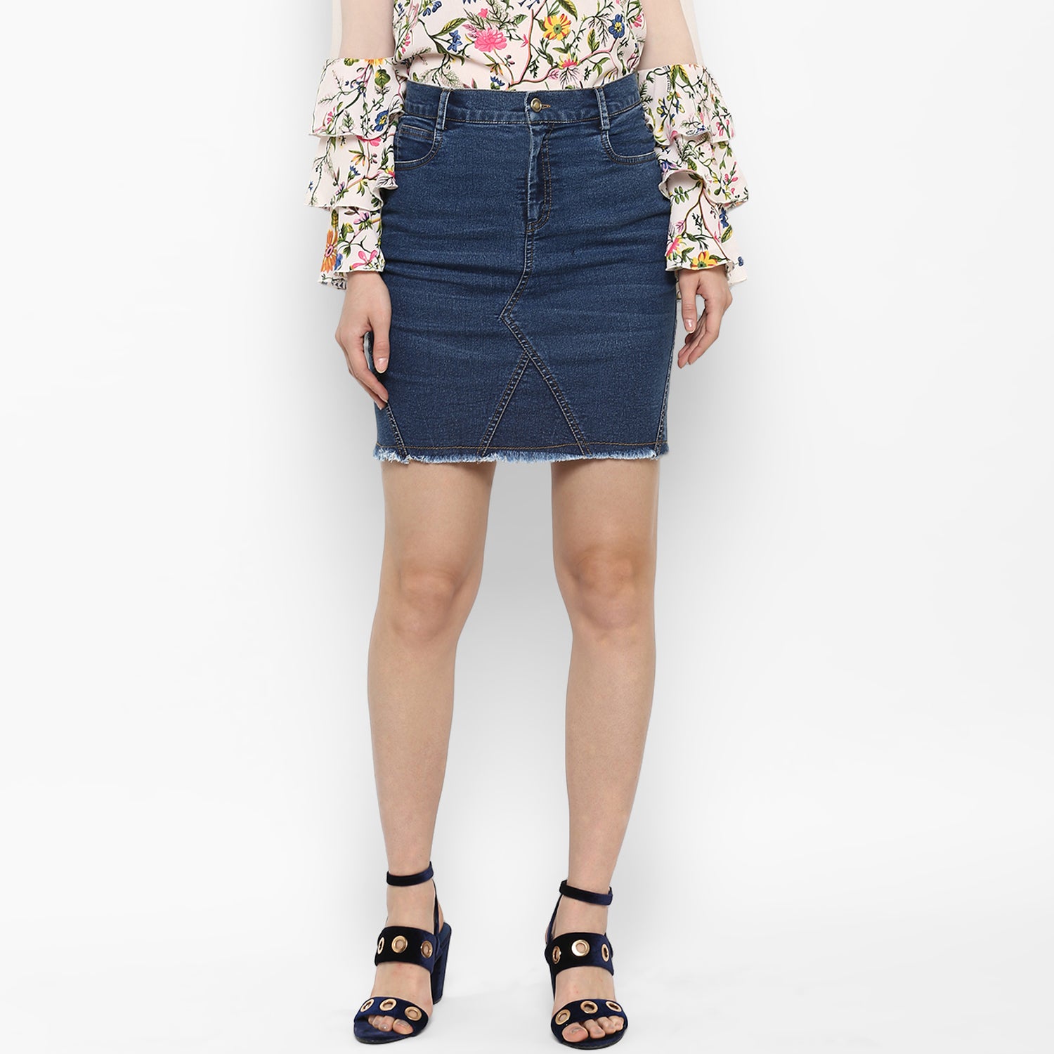 Women's Denim Skirt with Stitch Detail - StyleStone