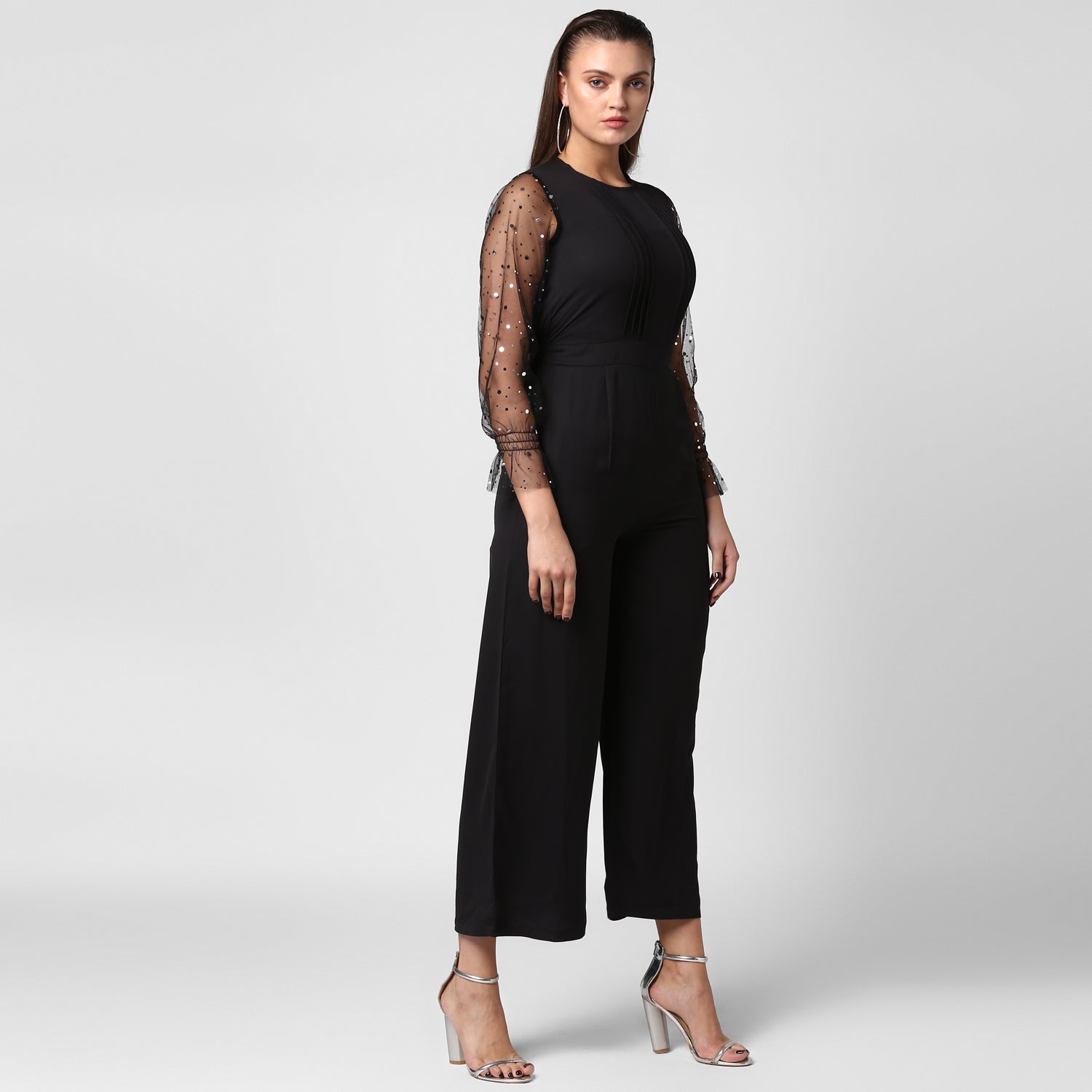 Women's Polyester embellished Net Sleeves jumpsuit - StyleStone