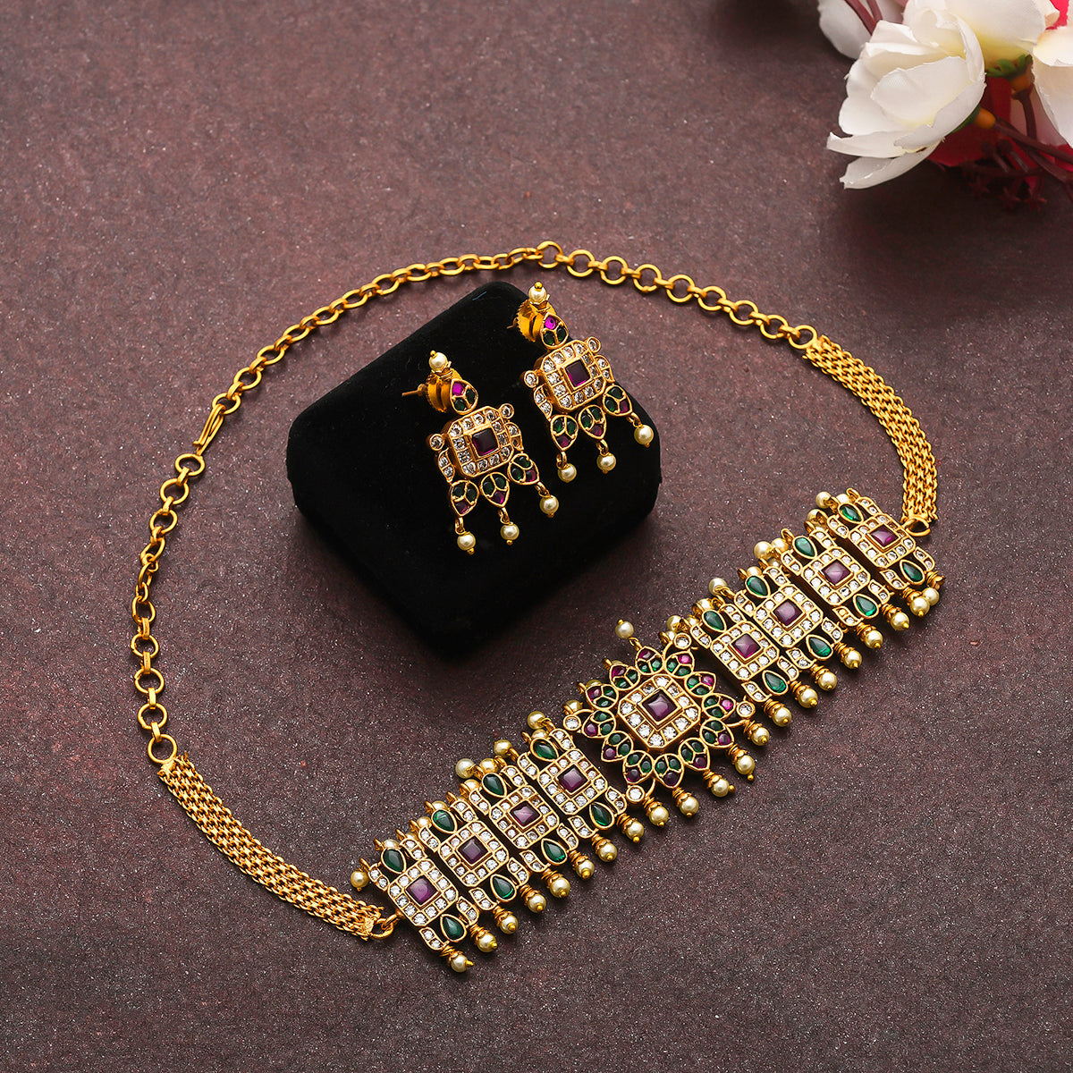 Women's Faux Pearls And Cz Adorned Ethnic Brass Gold Plated Jewellery Set - Voylla