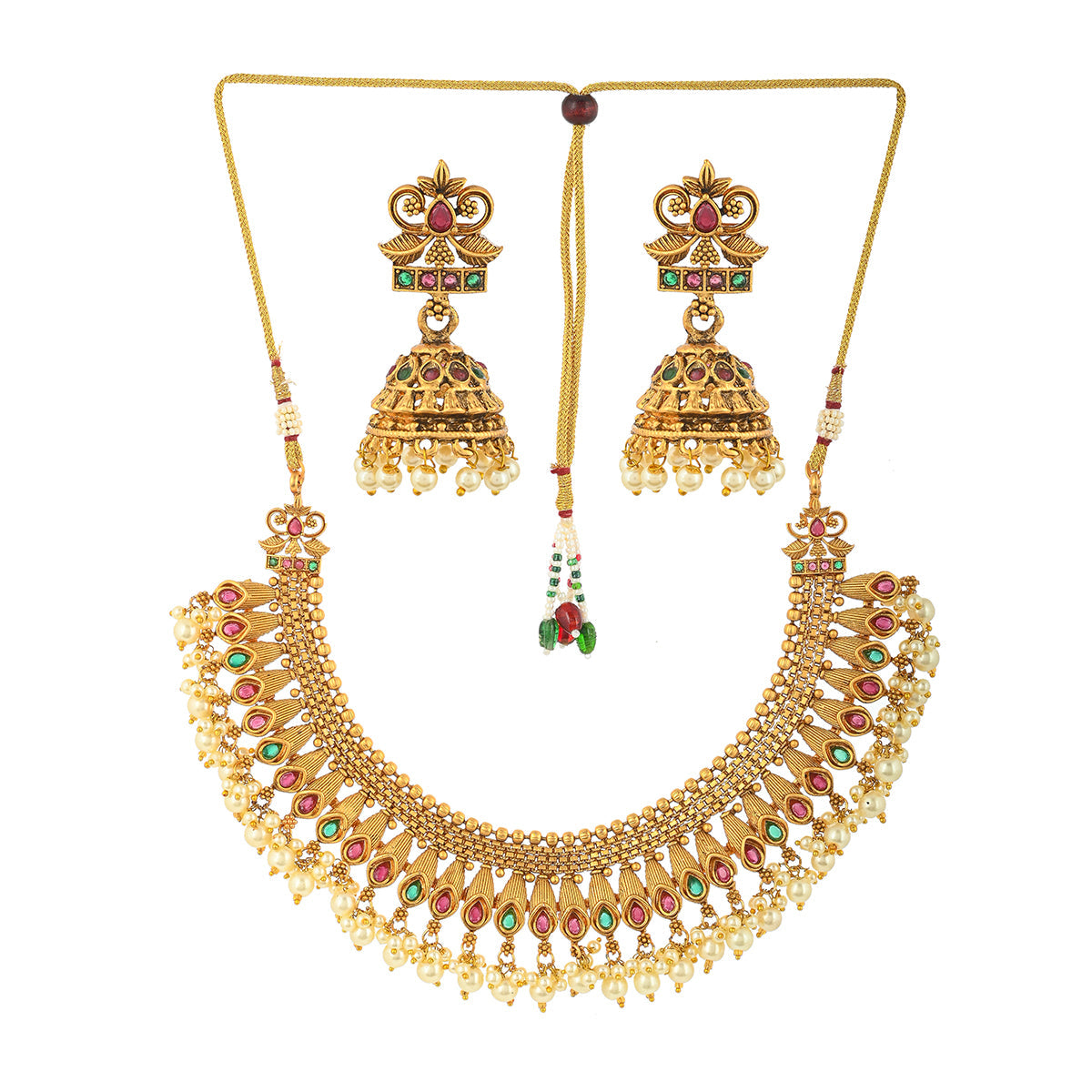 Women's Zircon Gems And Faux Pearls Opulent Yellow Gold Plated Brass Jewellery Set - Voylla