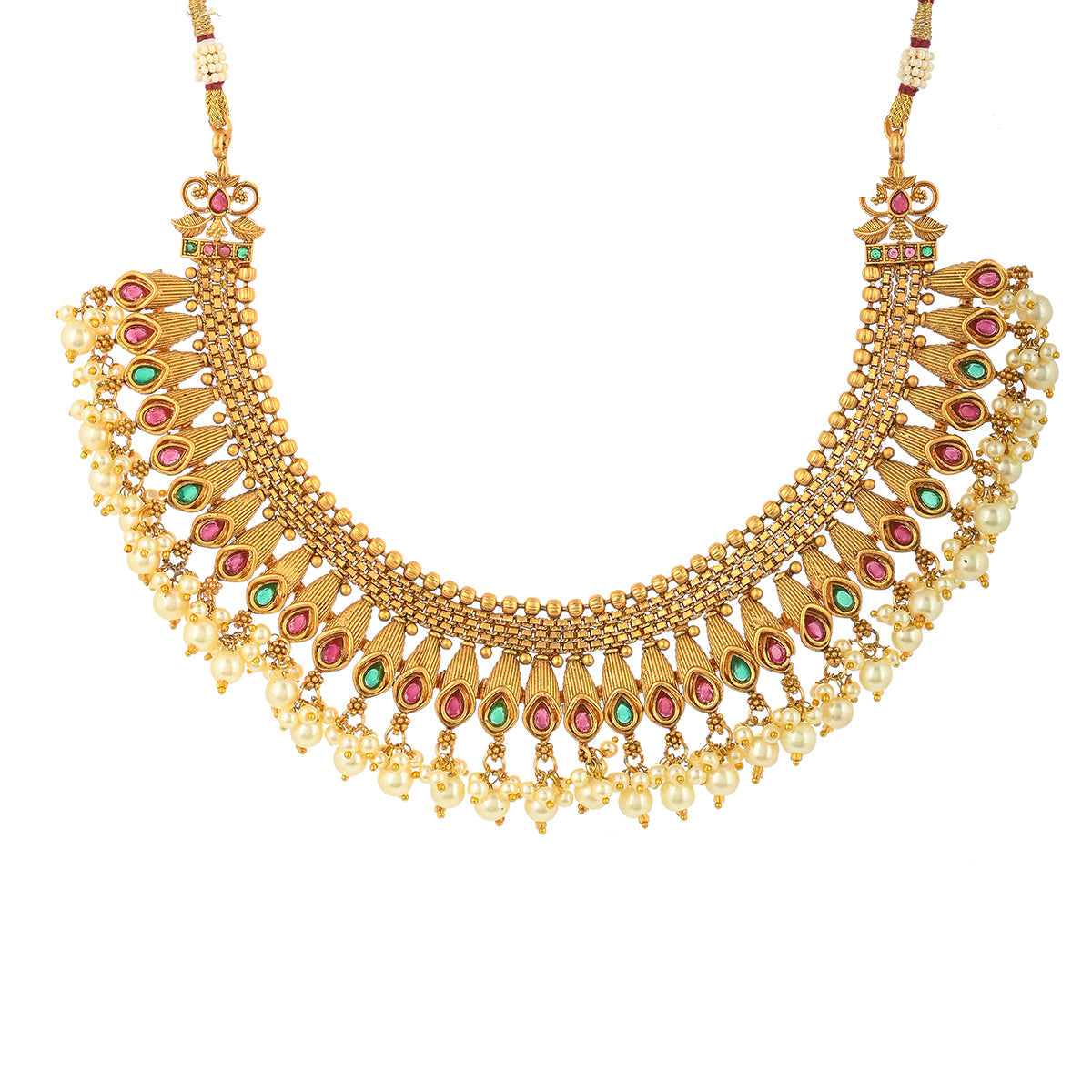 Women's Zircon Gems And Faux Pearls Opulent Yellow Gold Plated Brass Jewellery Set - Voylla