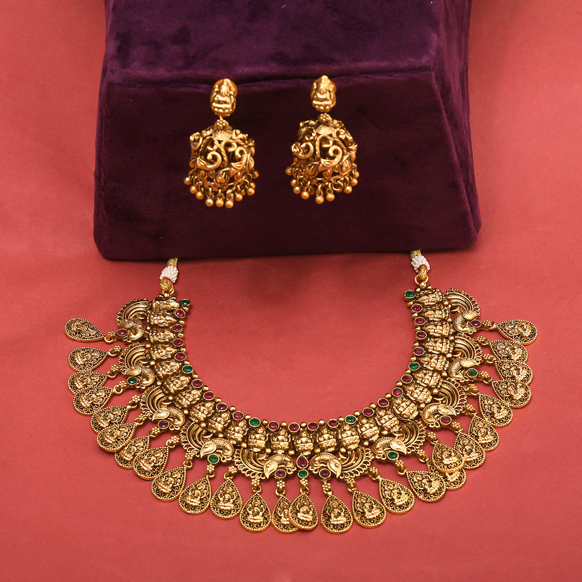 Women's Zircons Adorned Yellow Gold Plated Brass Temple Jewellery Set - Voylla