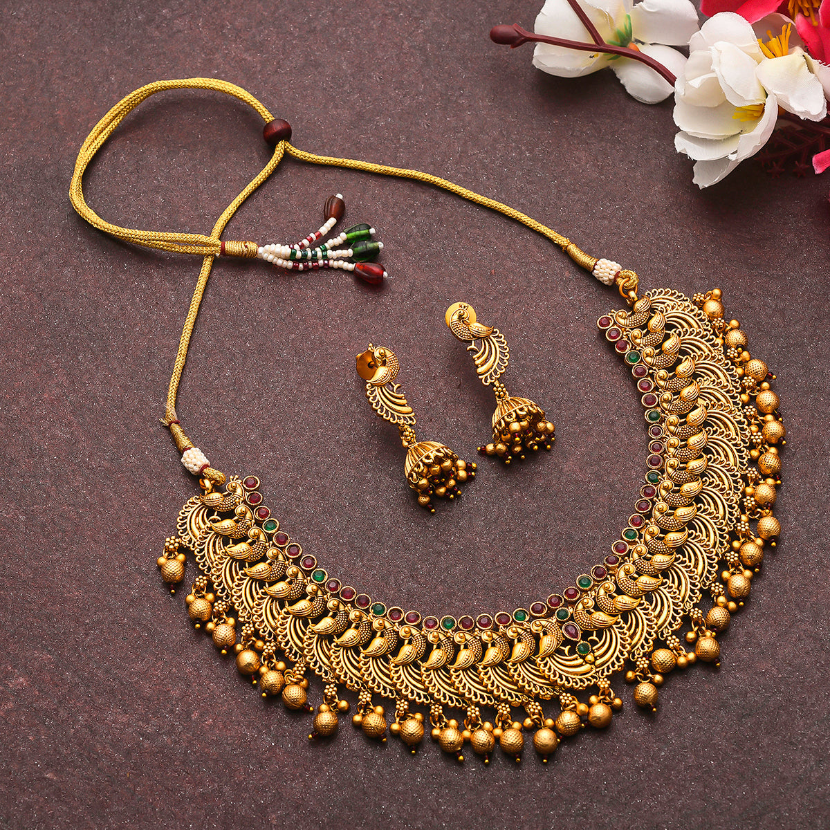 Women's Peacock Motifs Faux Pearls Brass Gold Plated Jewellery Set - Voylla