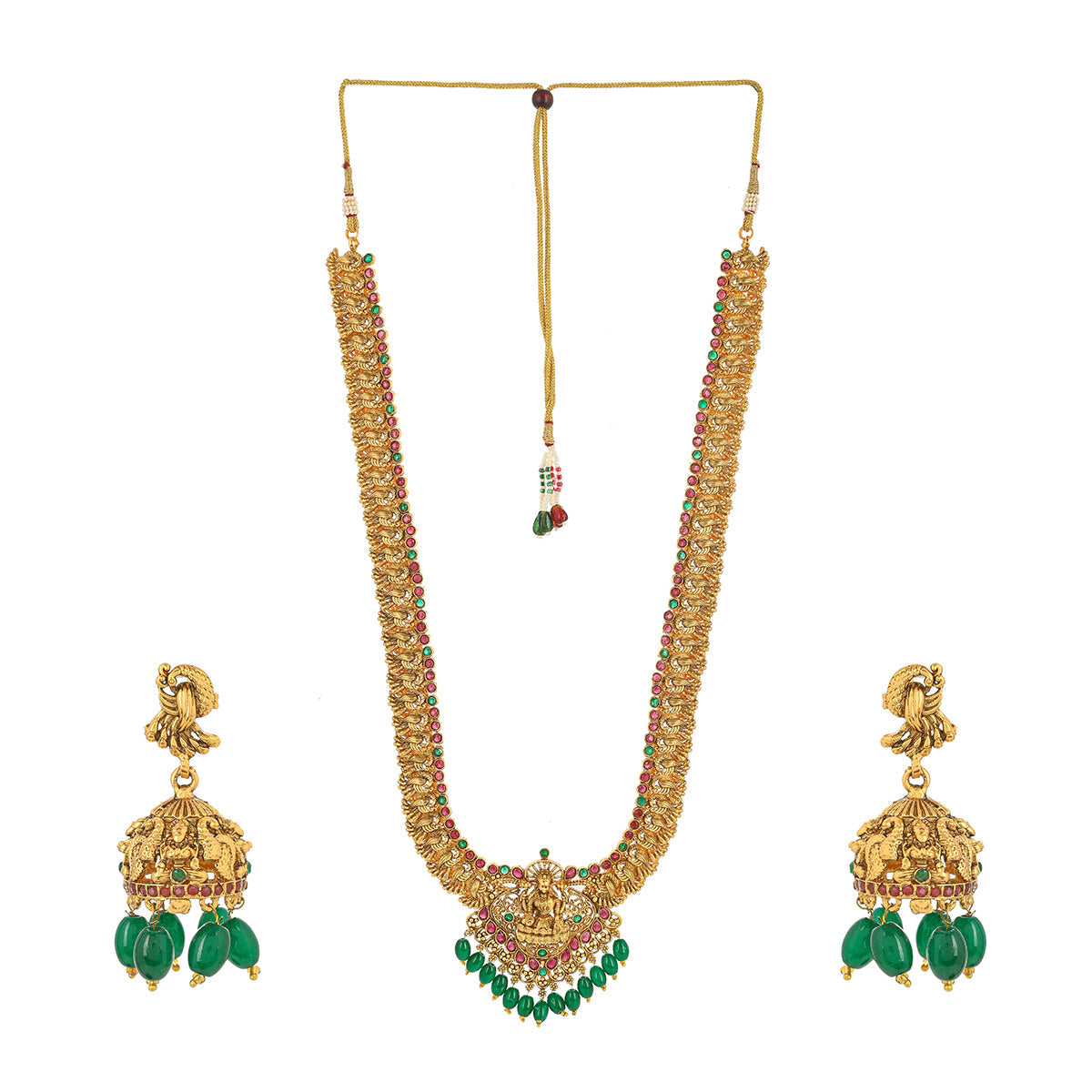 Women's Kundan And Faux Pearls Goddess Lakshmi Motif Brass Gold Plated Jewellery Set - Voylla