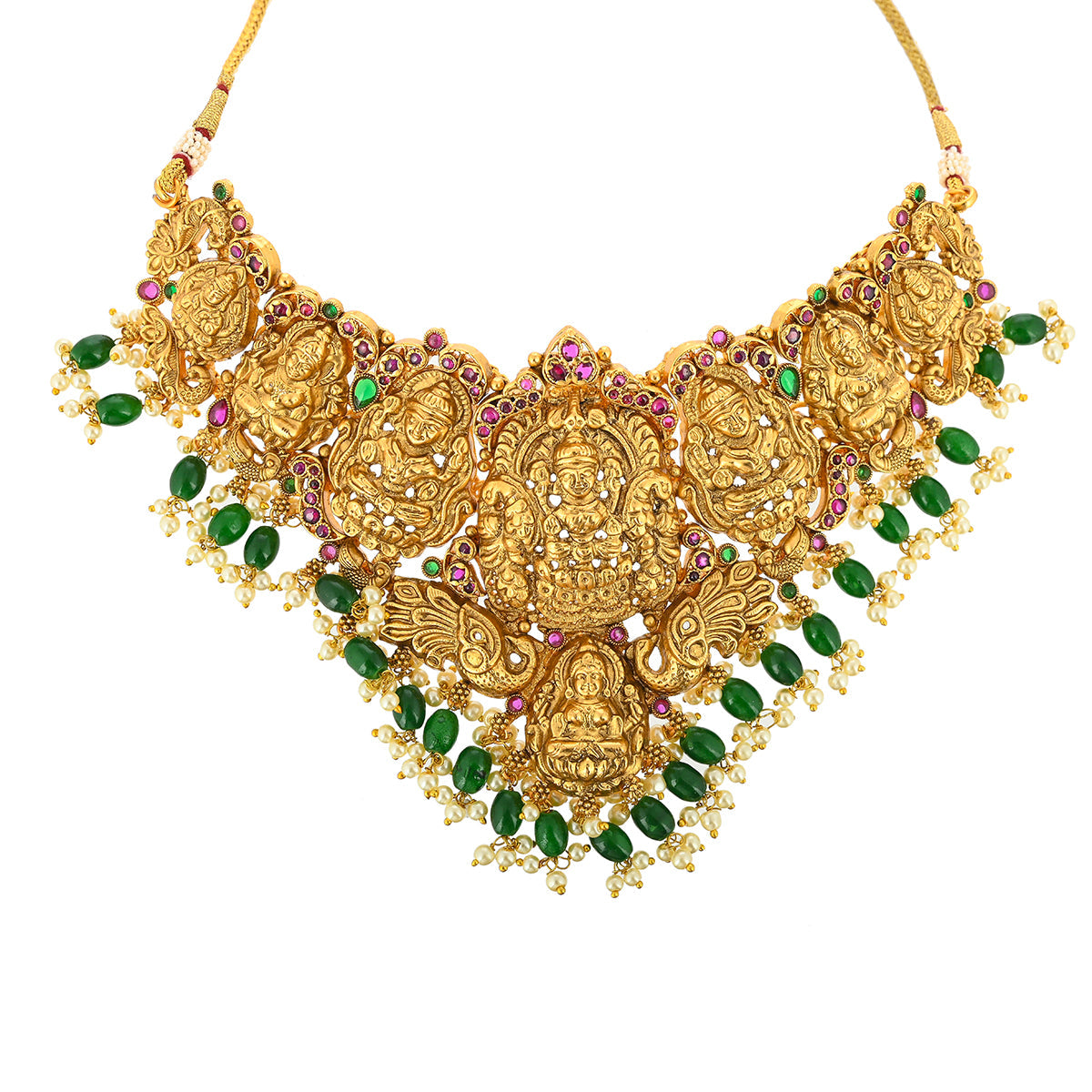 Women's Divine Motifs Temple Design Brass Gold Toned Jewellery Set - Voylla