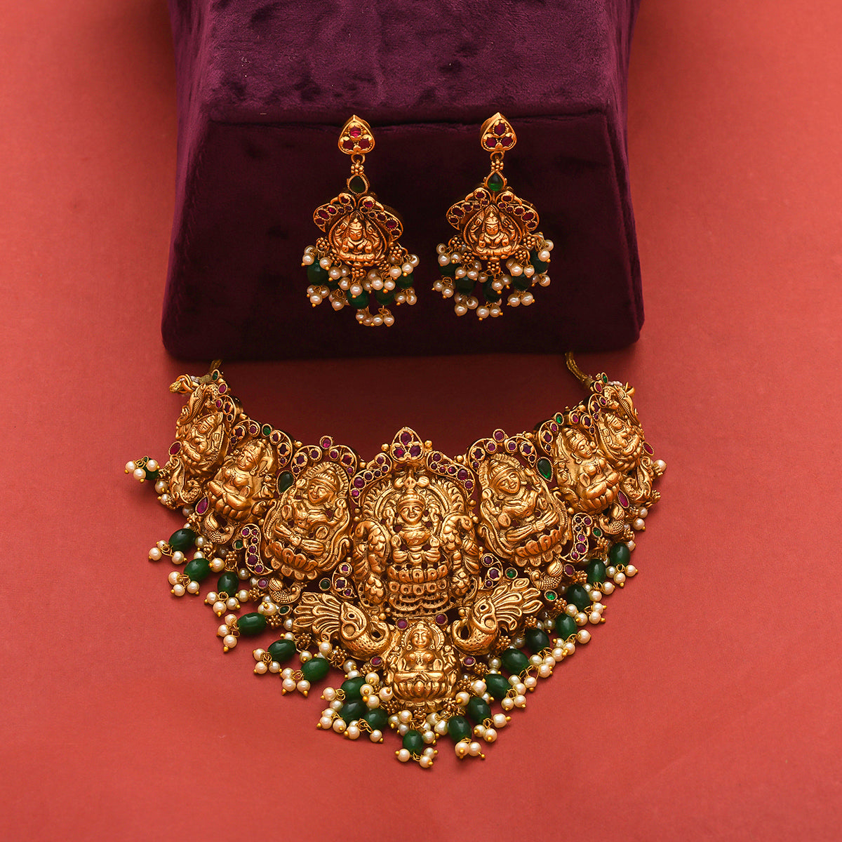 Women's Divine Motifs Temple Design Brass Gold Toned Jewellery Set - Voylla