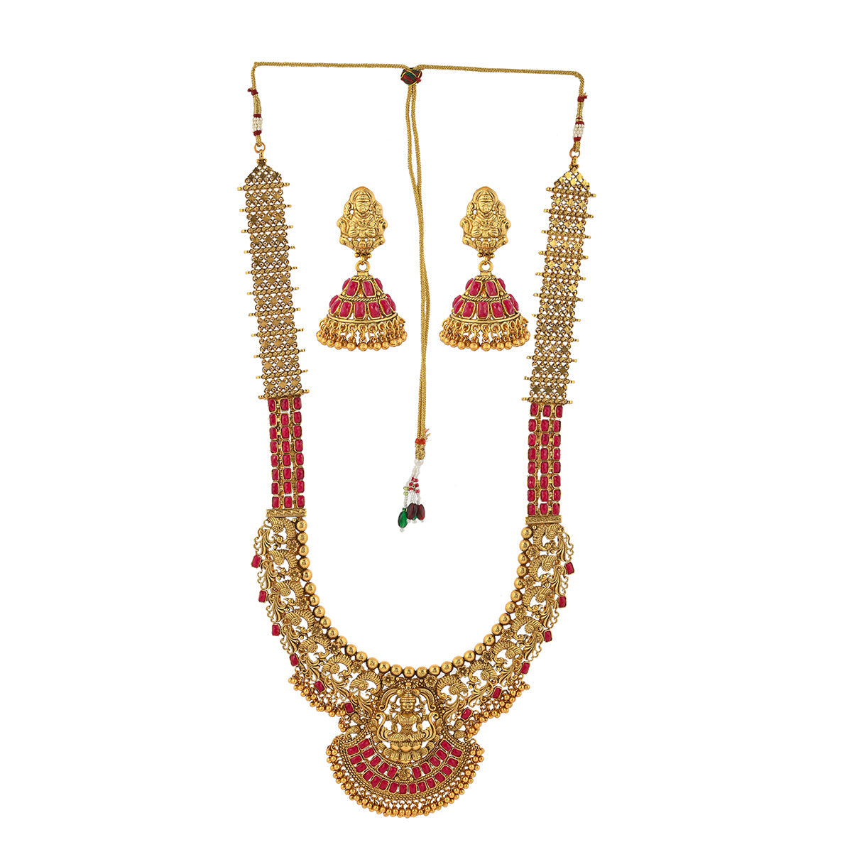 Women's Antique Inspired Gold Toned Cz Adorned Brass Temple Jewellery Set - Voylla