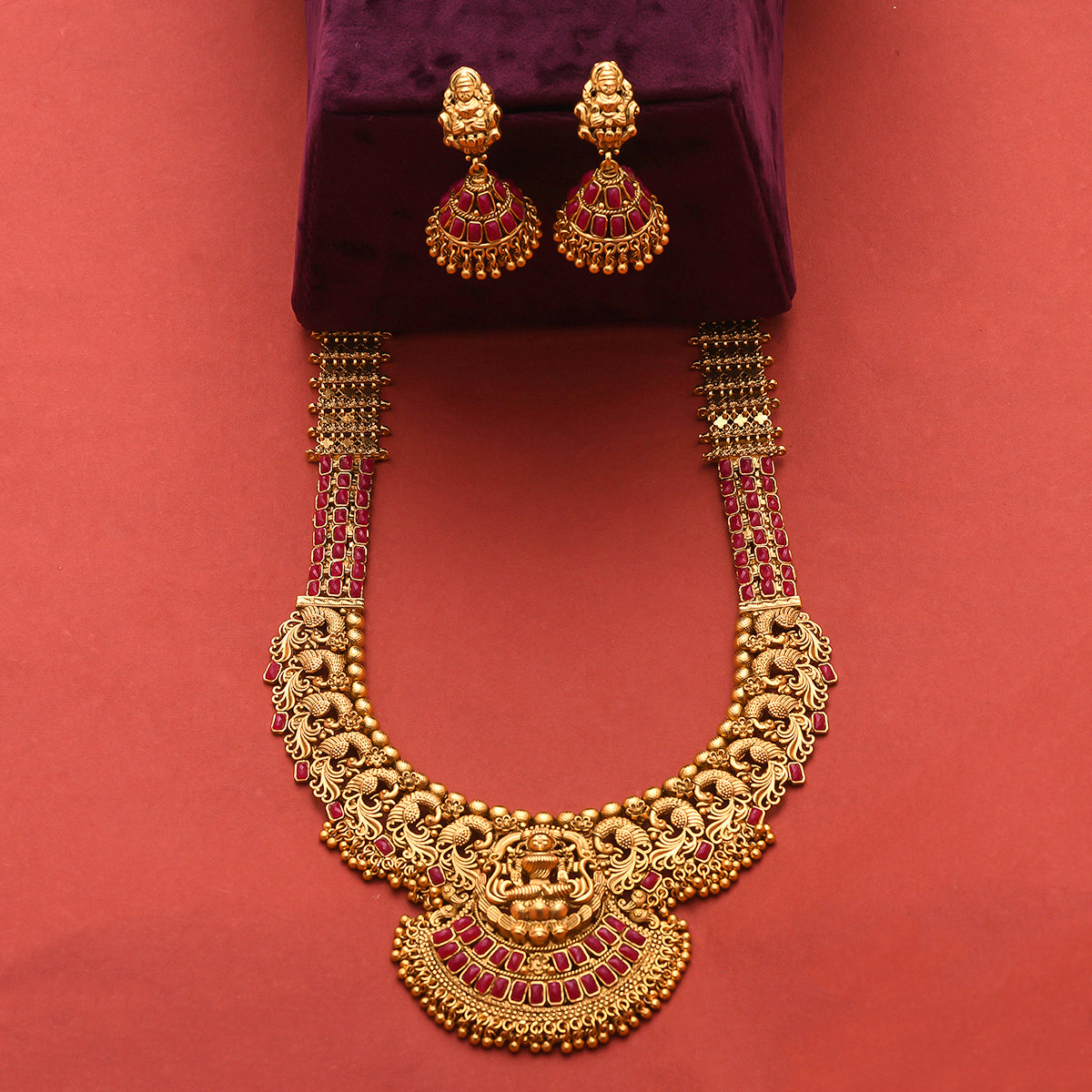 Women's Antique Inspired Gold Toned Cz Adorned Brass Temple Jewellery Set - Voylla