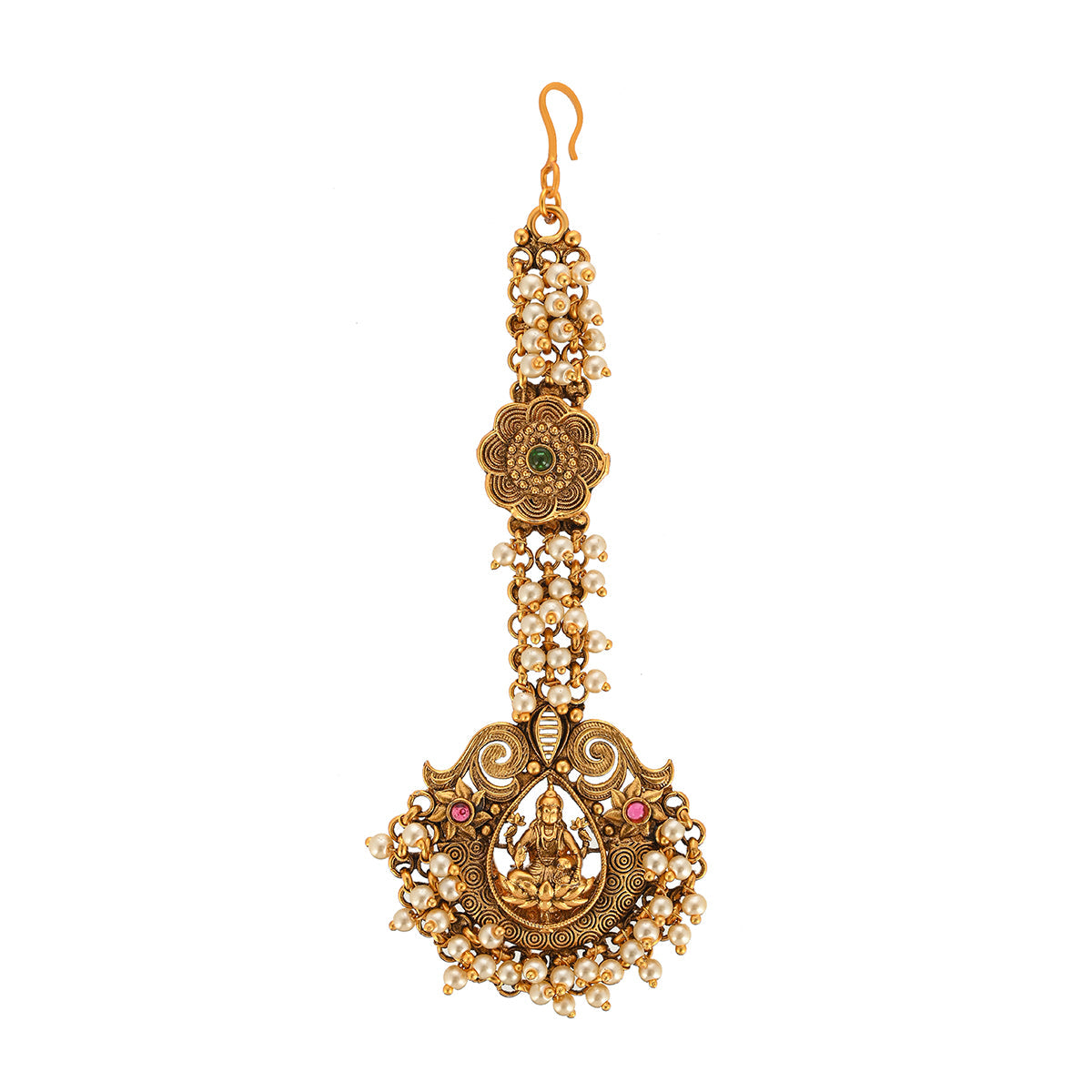 Women's Goddess Lakshmi Motif Faux Pearls Brass Temple Maang Tika - Voylla