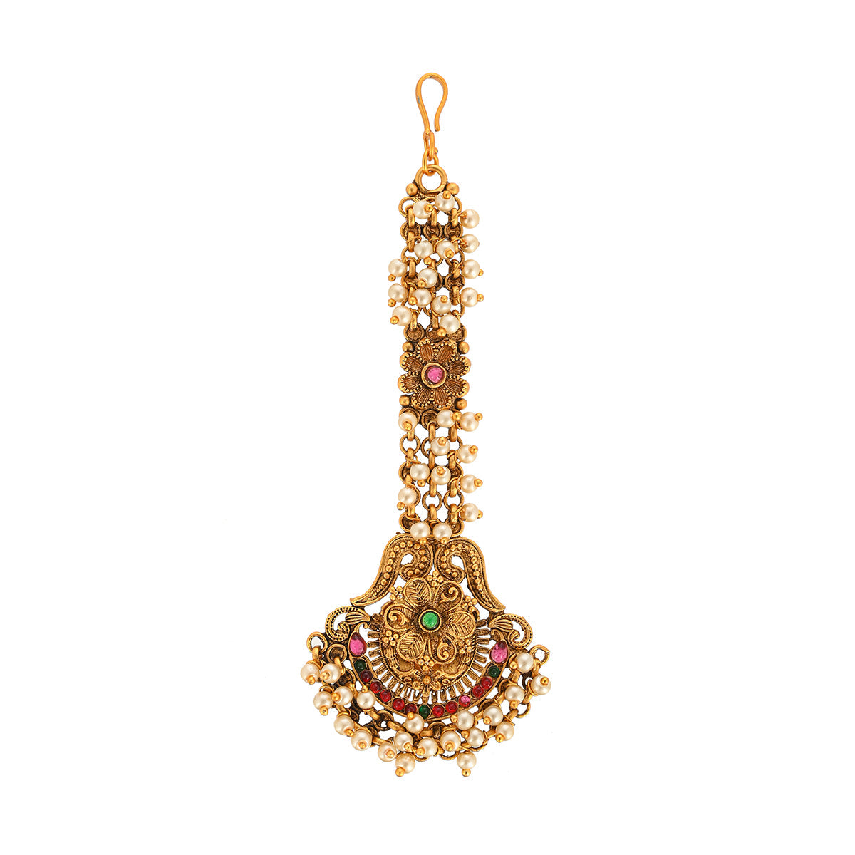 Women's Ethnic Faux Pearls Adorned Brass Gold Toned Maang Tika - Voylla