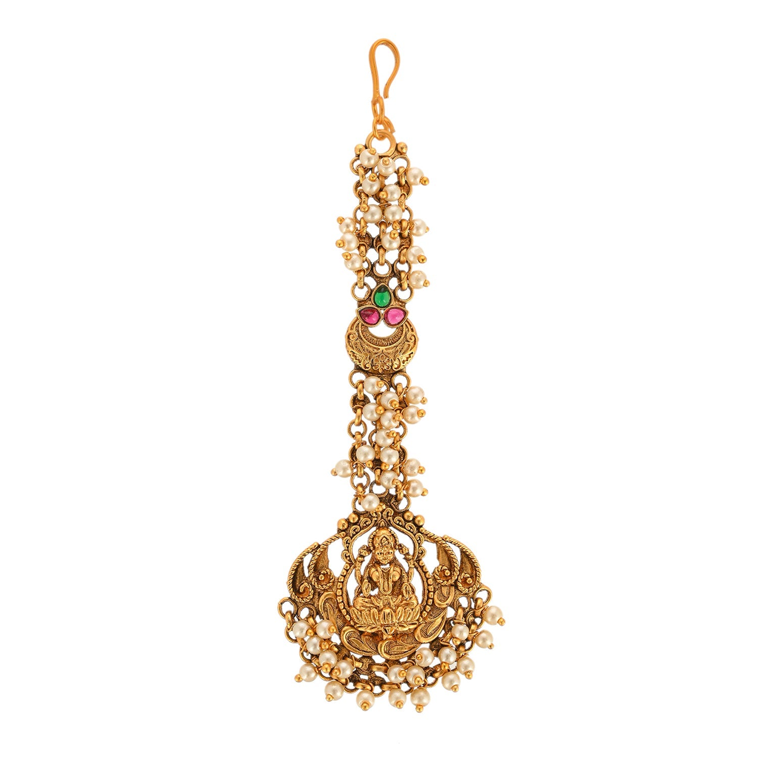 Women's Goddess Lakshmi Faux Pearls Embellished Brass Gold Toned Maang Tika - Voylla