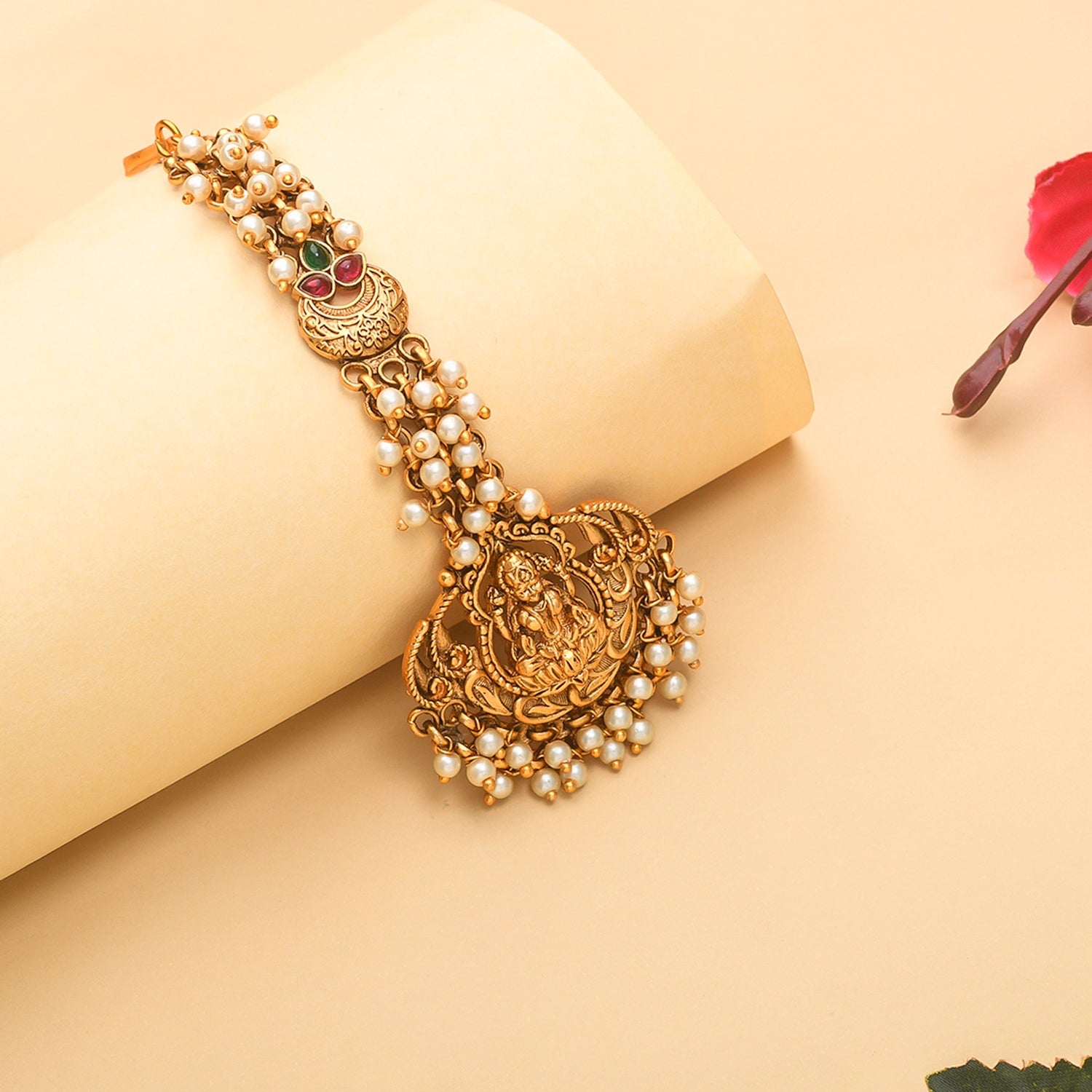 Women's Goddess Lakshmi Faux Pearls Embellished Brass Gold Toned Maang Tika - Voylla