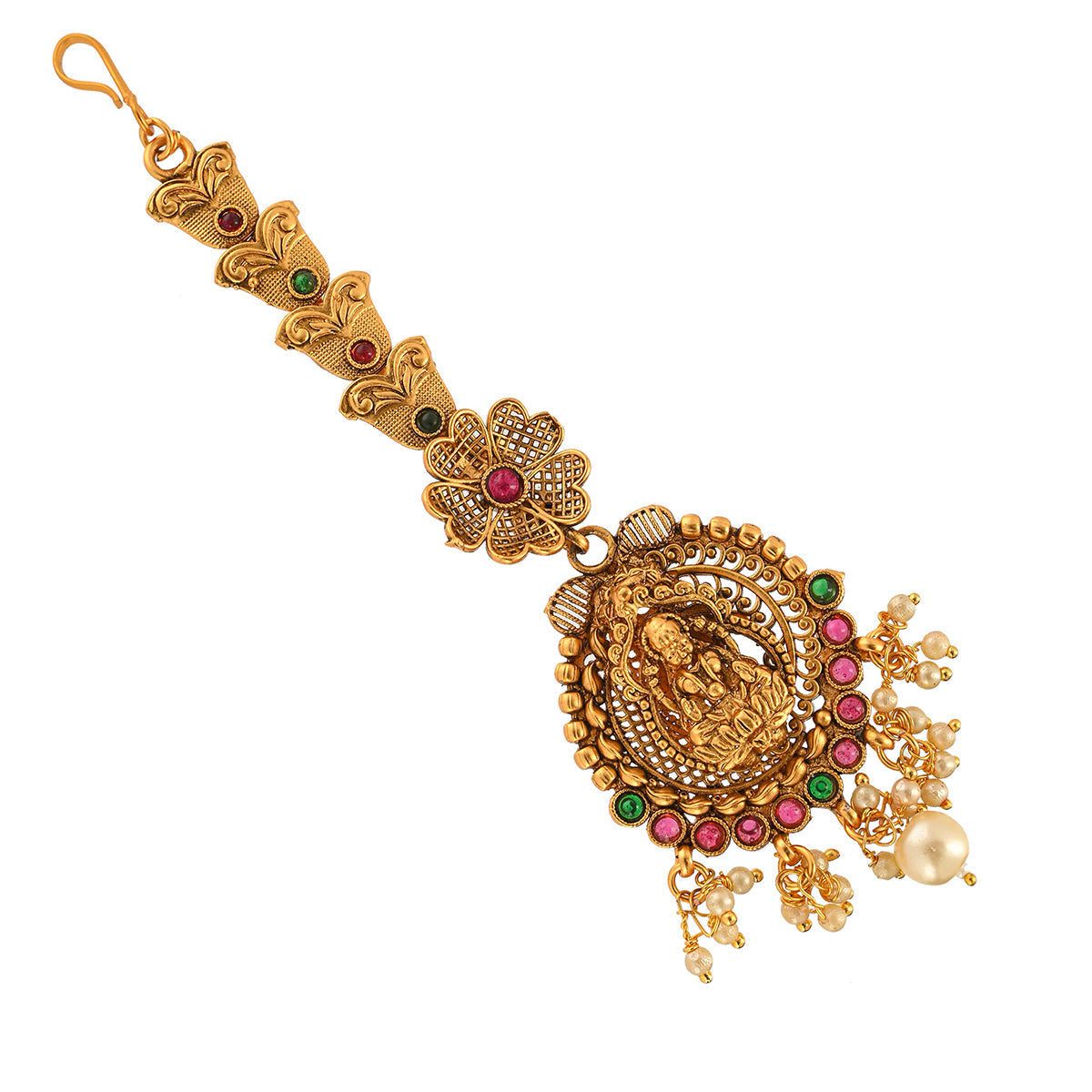 Women's Lotus Motifs Goddess Lakshmi Brass Faux Pearls Gold Toned Maang Tika - Voylla
