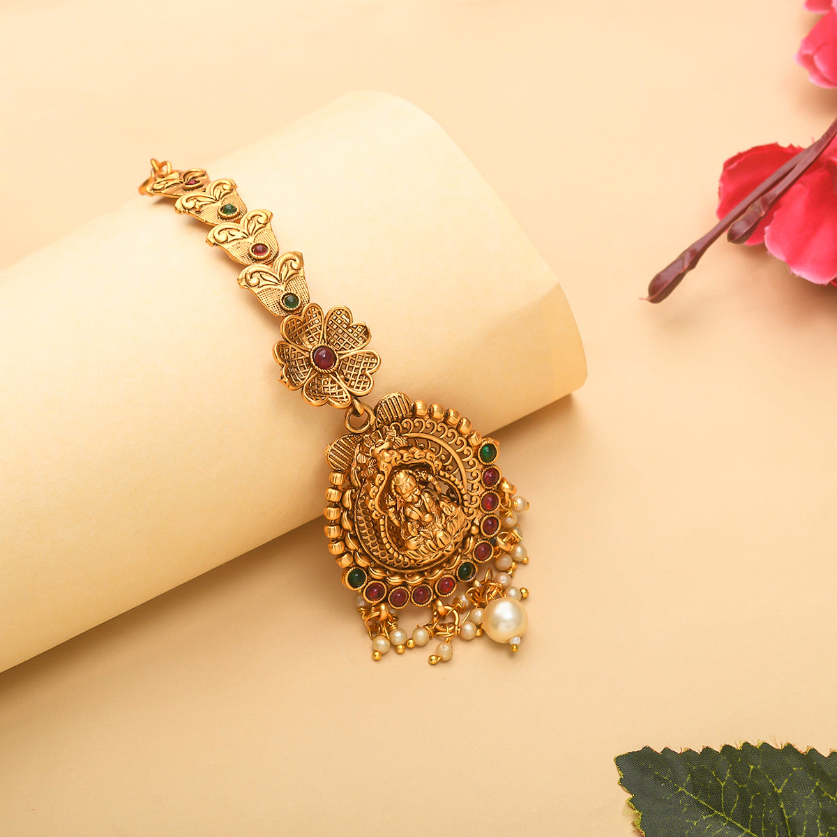 Women's Lotus Motifs Goddess Lakshmi Brass Faux Pearls Gold Toned Maang Tika - Voylla