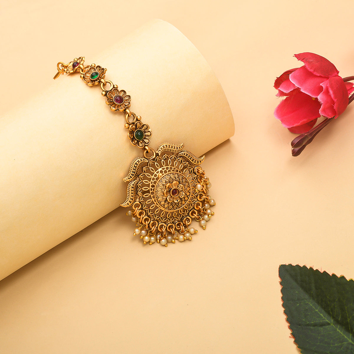 Women's Floral Motifs Yellow Gold Plated Cz And Faux Pearls Brass Maang Tika - Voylla