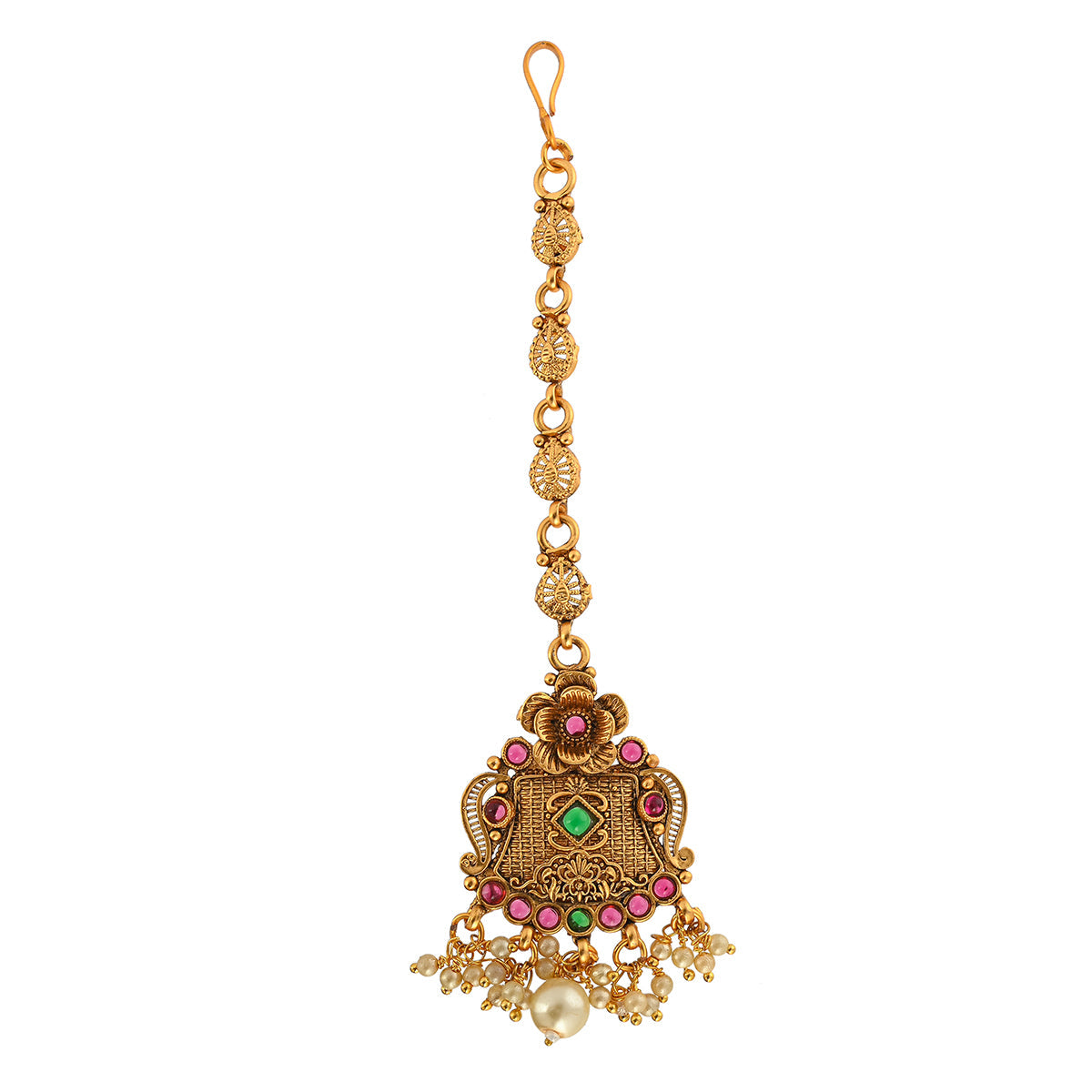 Women's Faux Pearls And Kundan Adorned Opulent Yellow Gold Plated Brass Maang Tika - Voylla