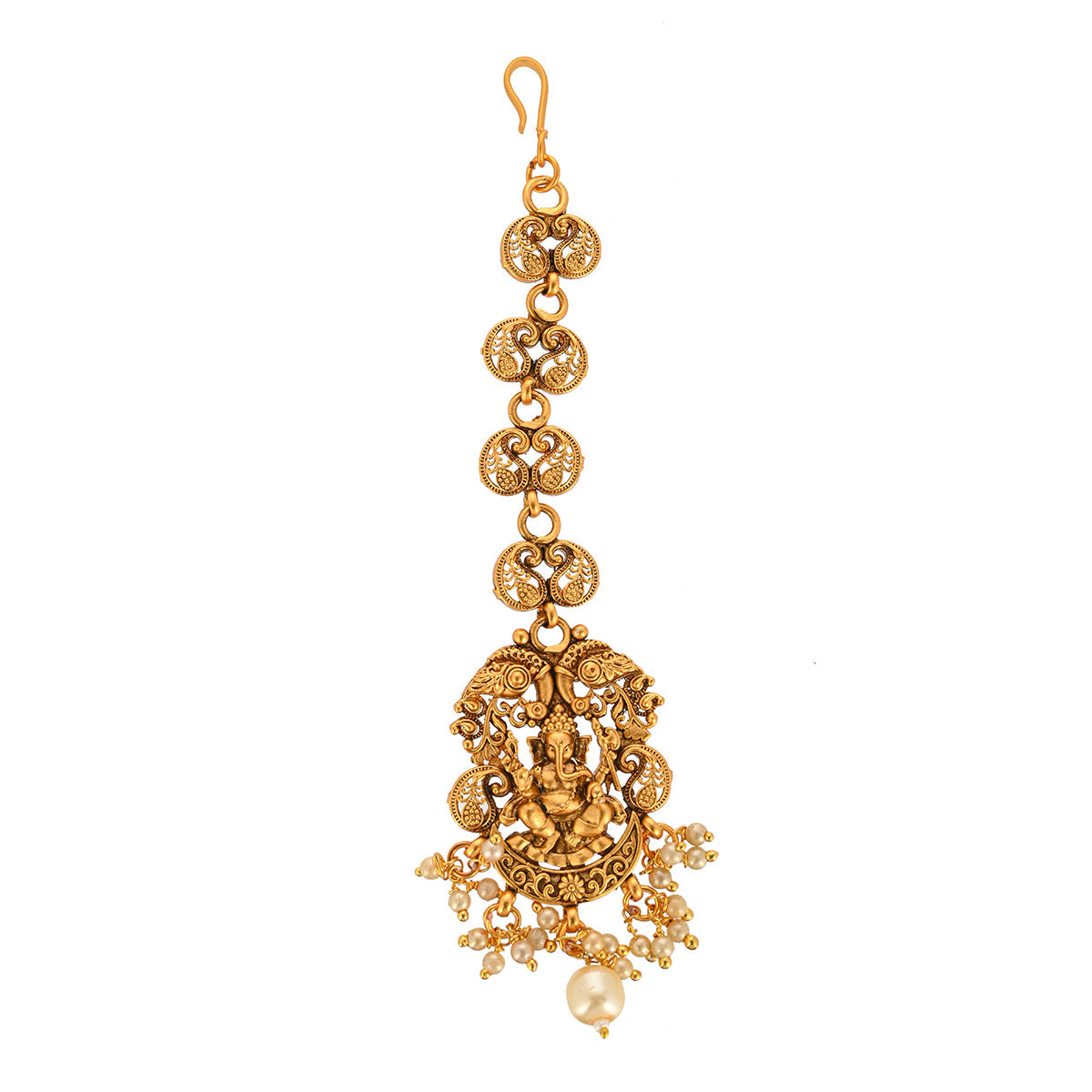 Women's Temple Ganesh Motif Faux Pearls Brass Gold Plated Maang Tika - Voylla