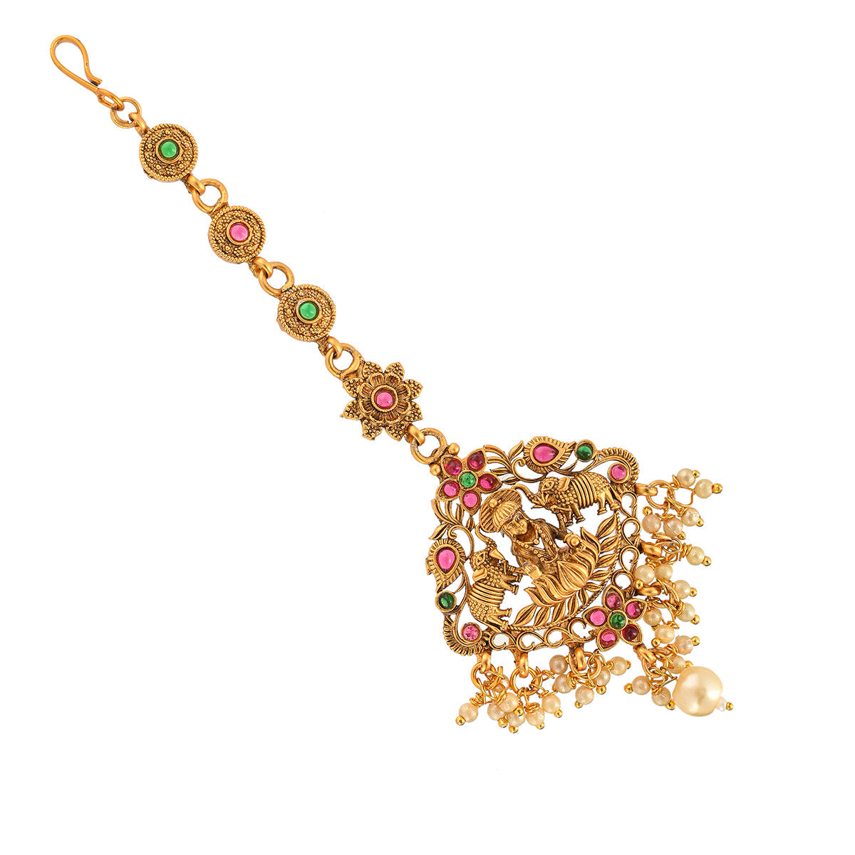 Women's Opulent Temple Design Brass Faux Pearls And Cz Adorned Gold Plated Maang Tika - Voylla