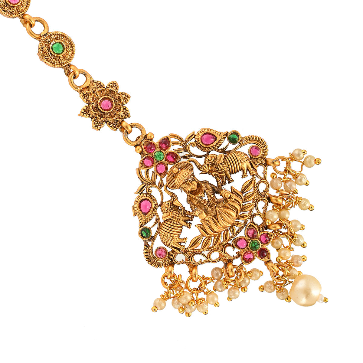 Women's Opulent Temple Design Brass Faux Pearls And Cz Adorned Gold Plated Maang Tika - Voylla