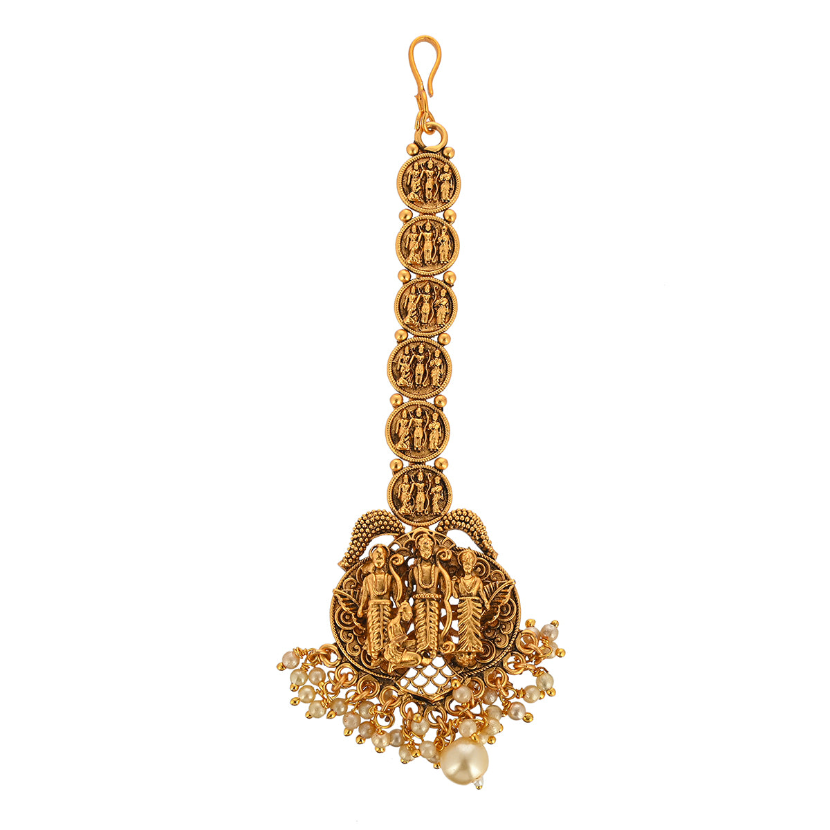 Women's Divine Motifs Brass Faux Pearls Gold Plated Coin Maang Tika - Voylla