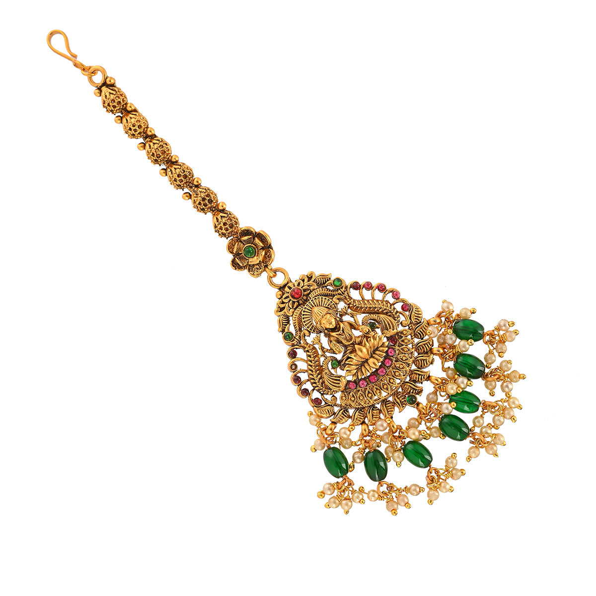 Women's Faux Pearls Adorned Goddess Lakshmi Motif Brass Gold Plated Maang Tika - Voylla