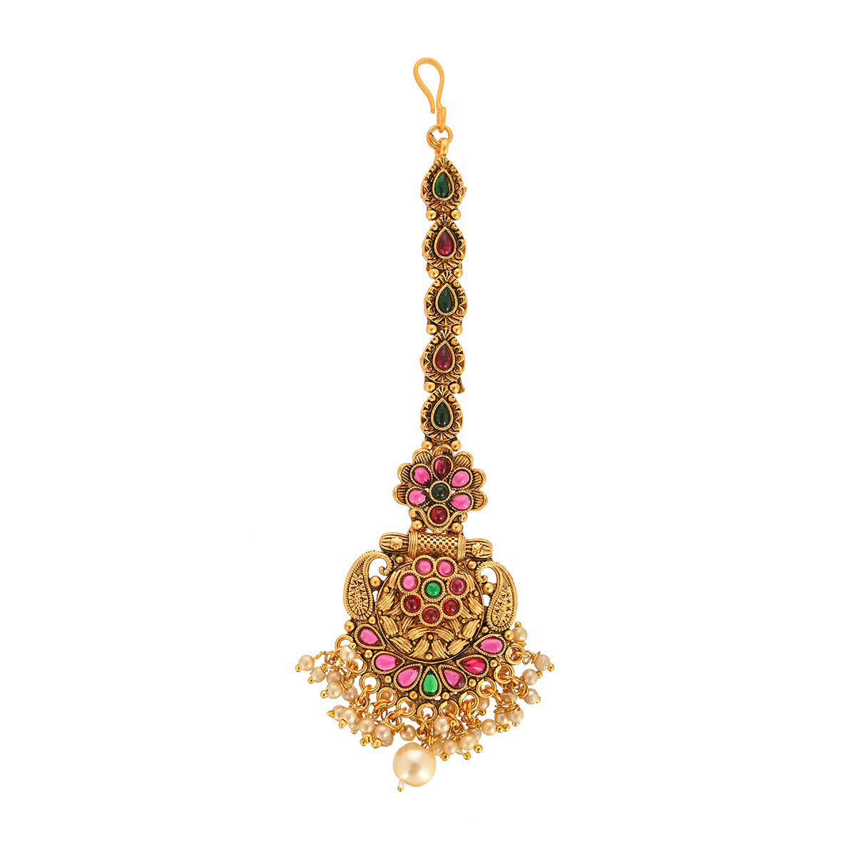 Women's Floral Motifs Kundan And Faux Pearls Brass Gold Plated Maang Tika - Voylla