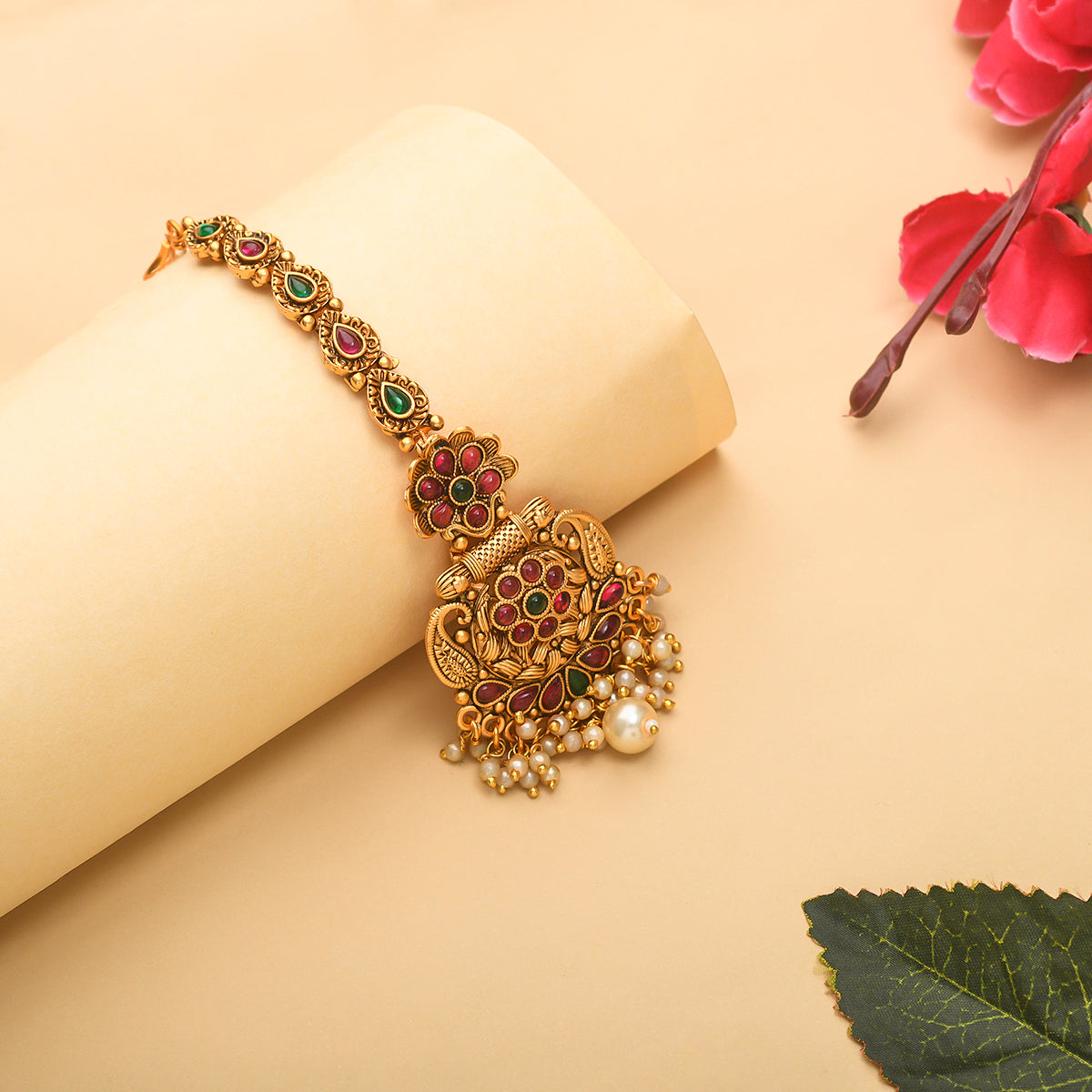 Women's Floral Motifs Kundan And Faux Pearls Brass Gold Plated Maang Tika - Voylla