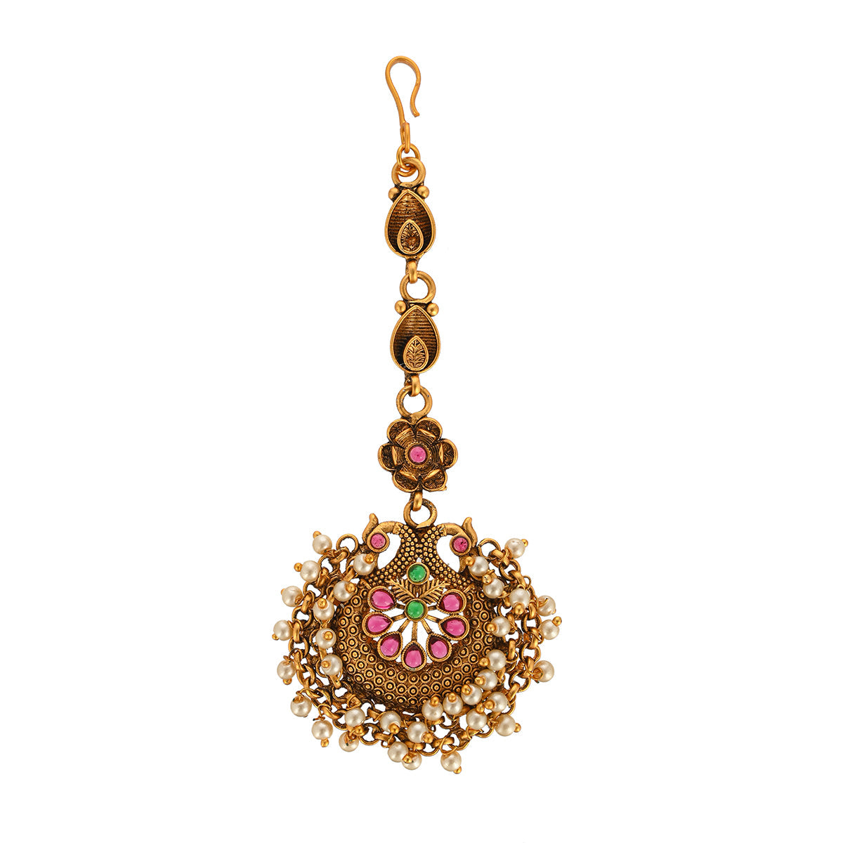 Women's Ethnic Temple Design Faux Pearls Gold Plated Brass Maang Tika - Voylla