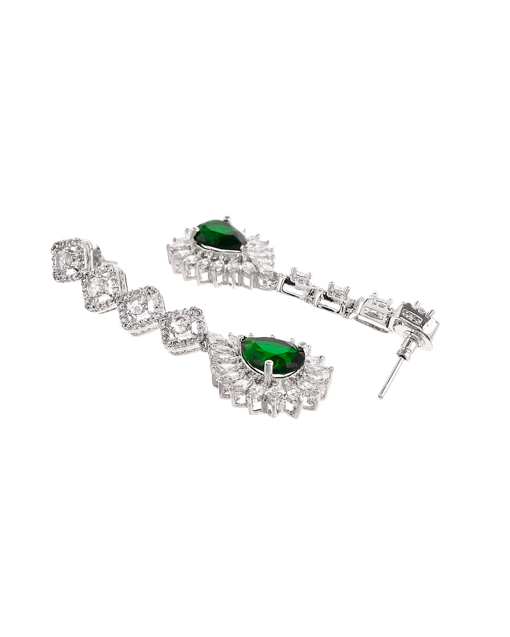 Women's Silver Plated Teardrop Green And White Zircons Adorned Brass Jewellery Set - Voylla