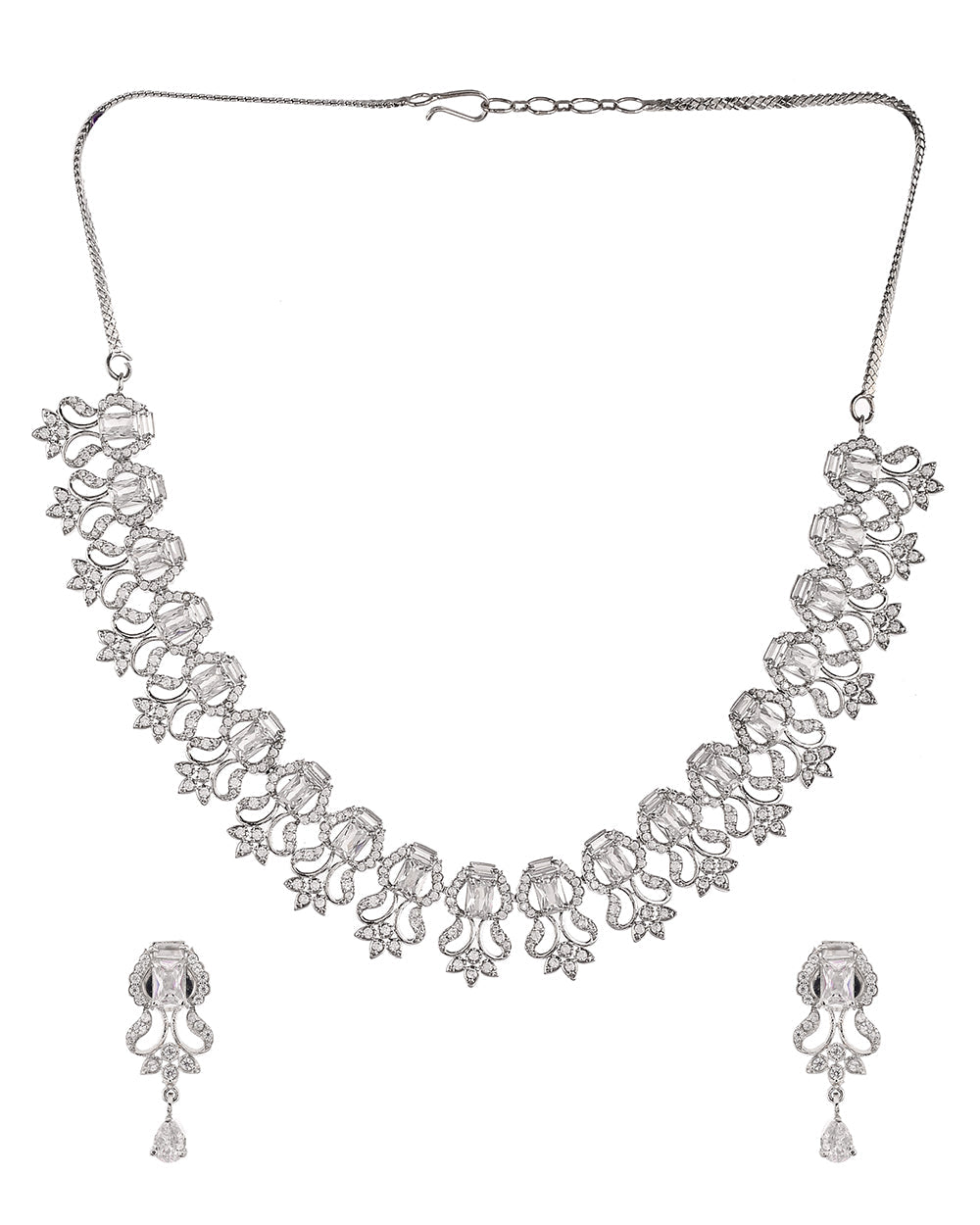 Women's Heavily Embellished Cluster Setting Zircons Silver Plated Jewellery Set - Voylla
