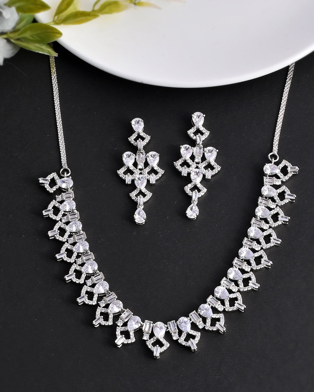 Women's Heavily Embellished Cluster Setting Zircons Silver Plated Jewellery Set - Voylla