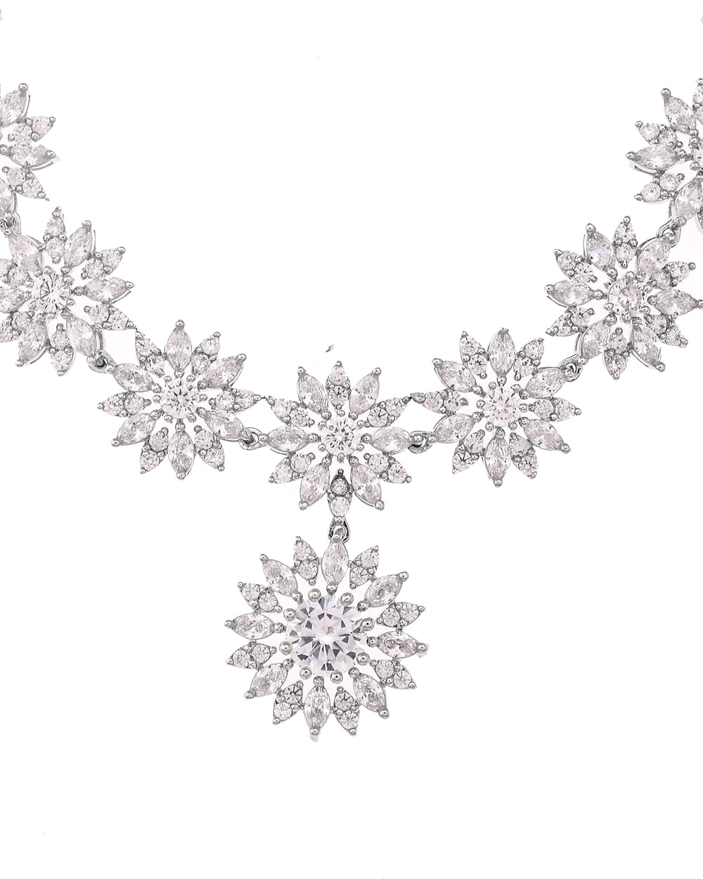 Women's Pear Cut Zircons Adorned Floral Silver Plated Brass Jewellery Set - Voylla