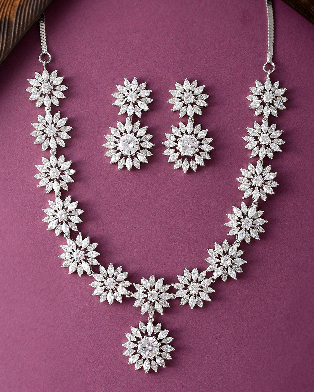 Women's Pear Cut Zircons Adorned Floral Silver Plated Brass Jewellery Set - Voylla