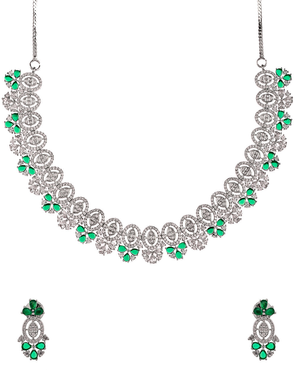 Women's Oval Cut Cz Adorned Silver Plated Brass Jewellery Set - Voylla