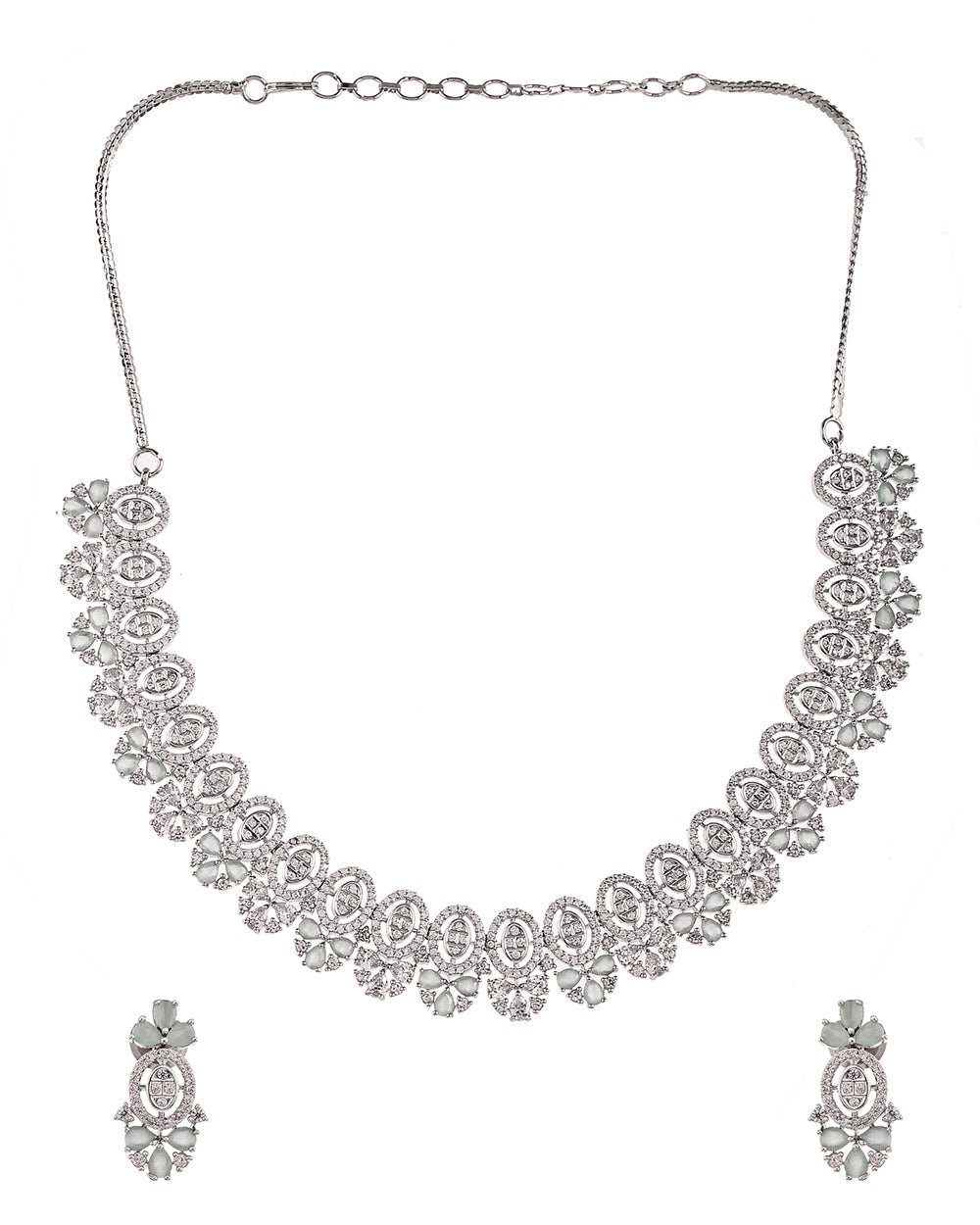 Women's Luxurious Silver Plated Oval Cut Zirconia Adorned Brass Jewellery Set - Voylla