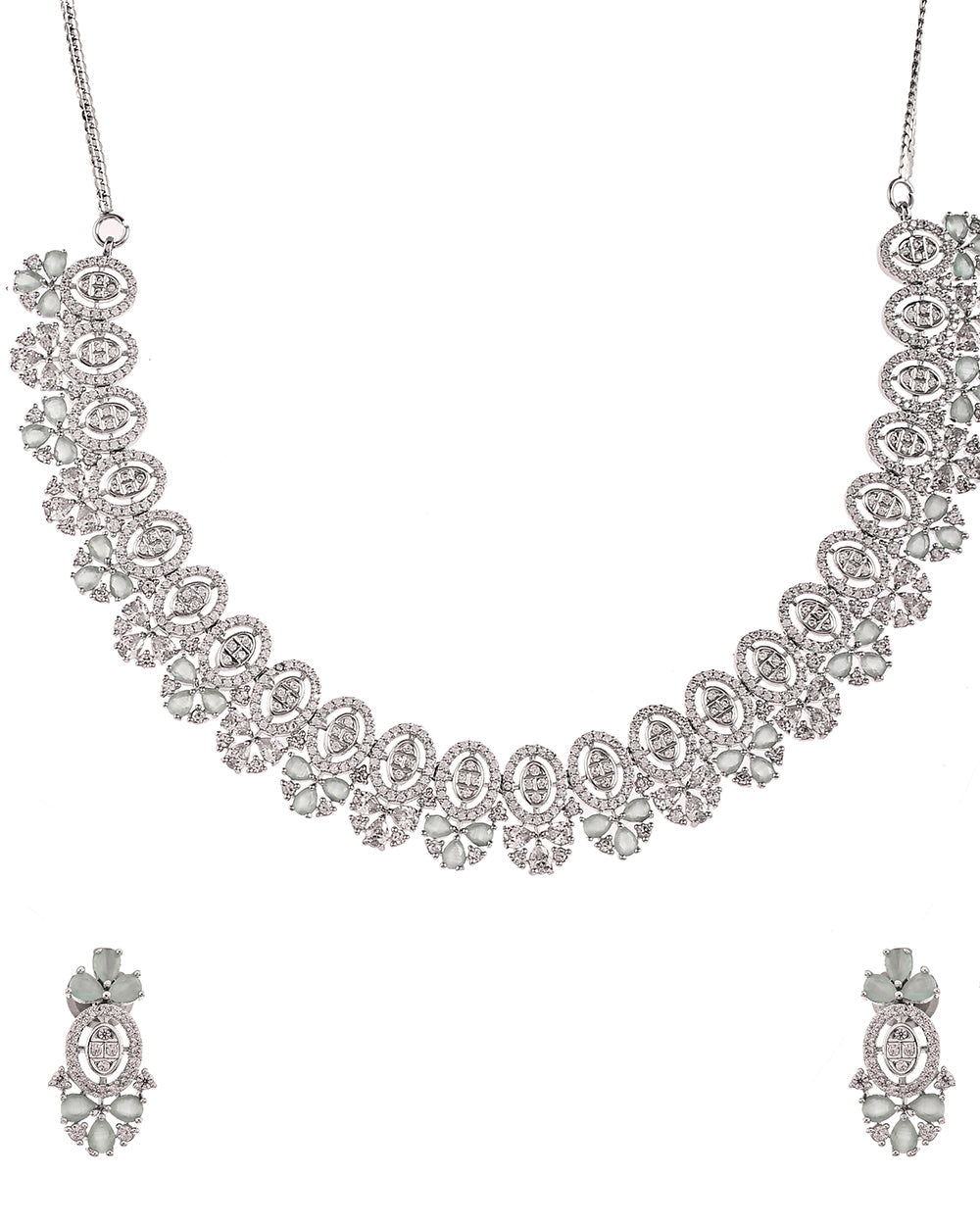Women's Luxurious Silver Plated Oval Cut Zirconia Adorned Brass Jewellery Set - Voylla