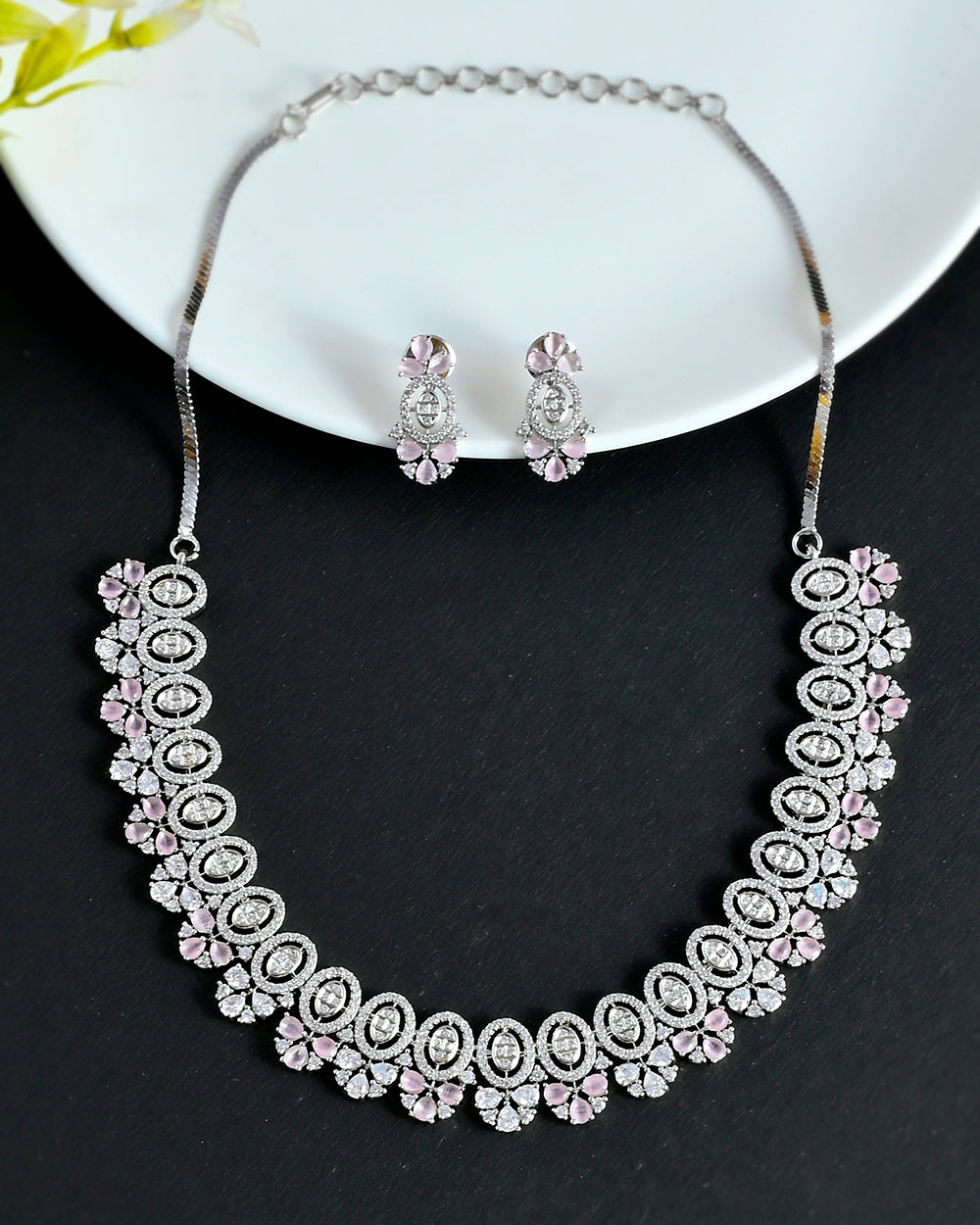 Women's Oval Cut Cz Adorned Opulent Silver Plated Brass Jewellery Set - Voylla