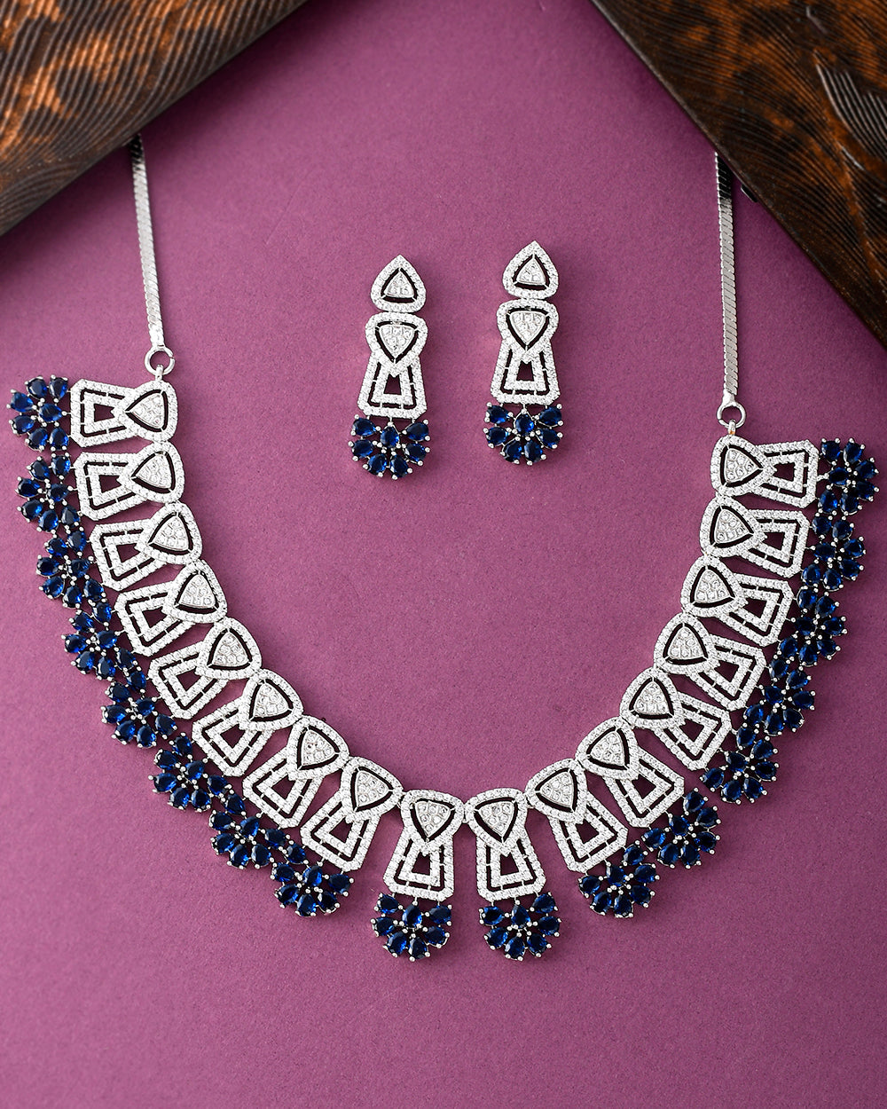 Women's Sapphire And White Cluster Setting Jewellery Set - Voylla
